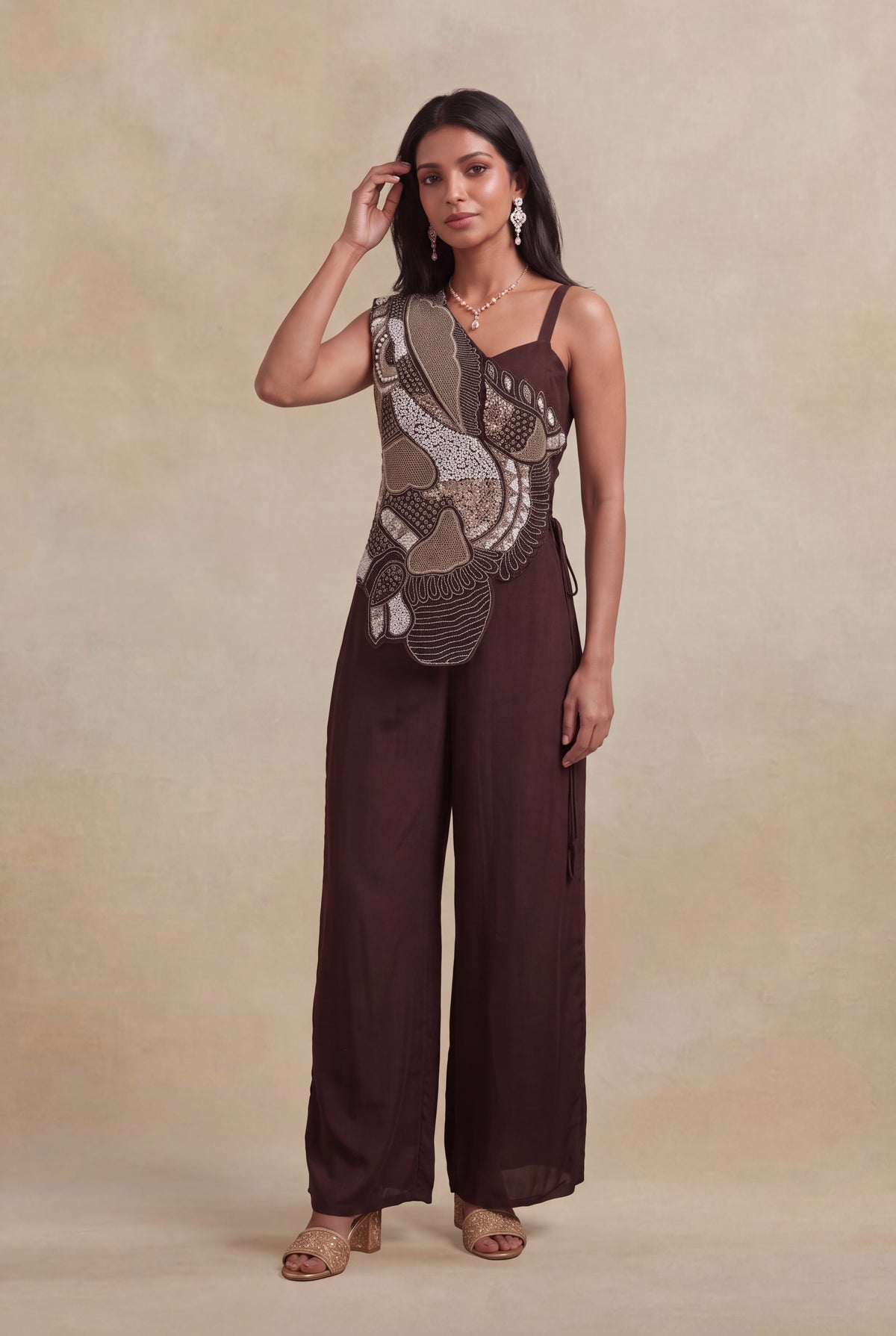 Chocolate Brown Crepe Jumpsuit - Mokshaa