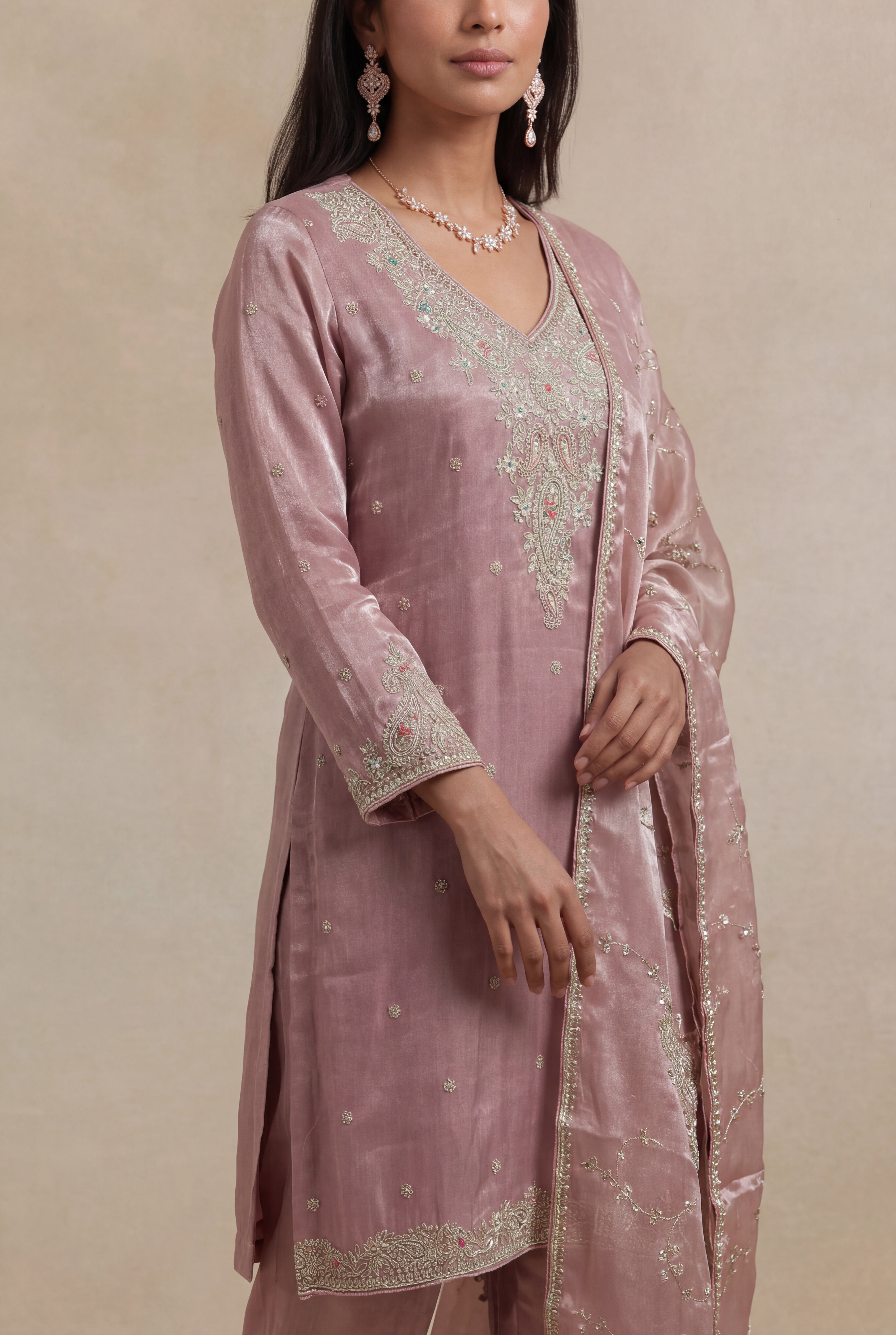 Lavender Tissue Short Kurta with Straight Pants