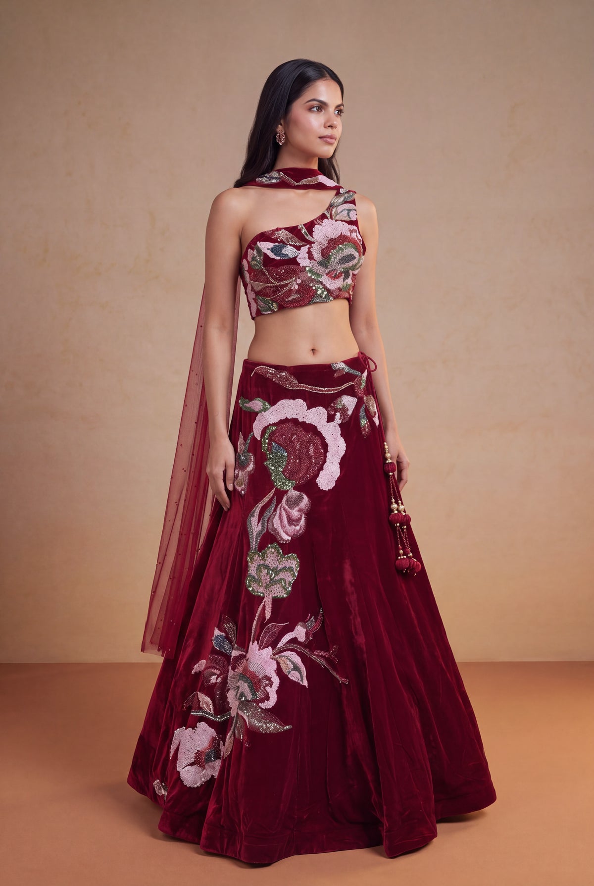 Cherry Red Velvet Lehenga Set with Cutdana and Pearl Embroidery - Mokshaa