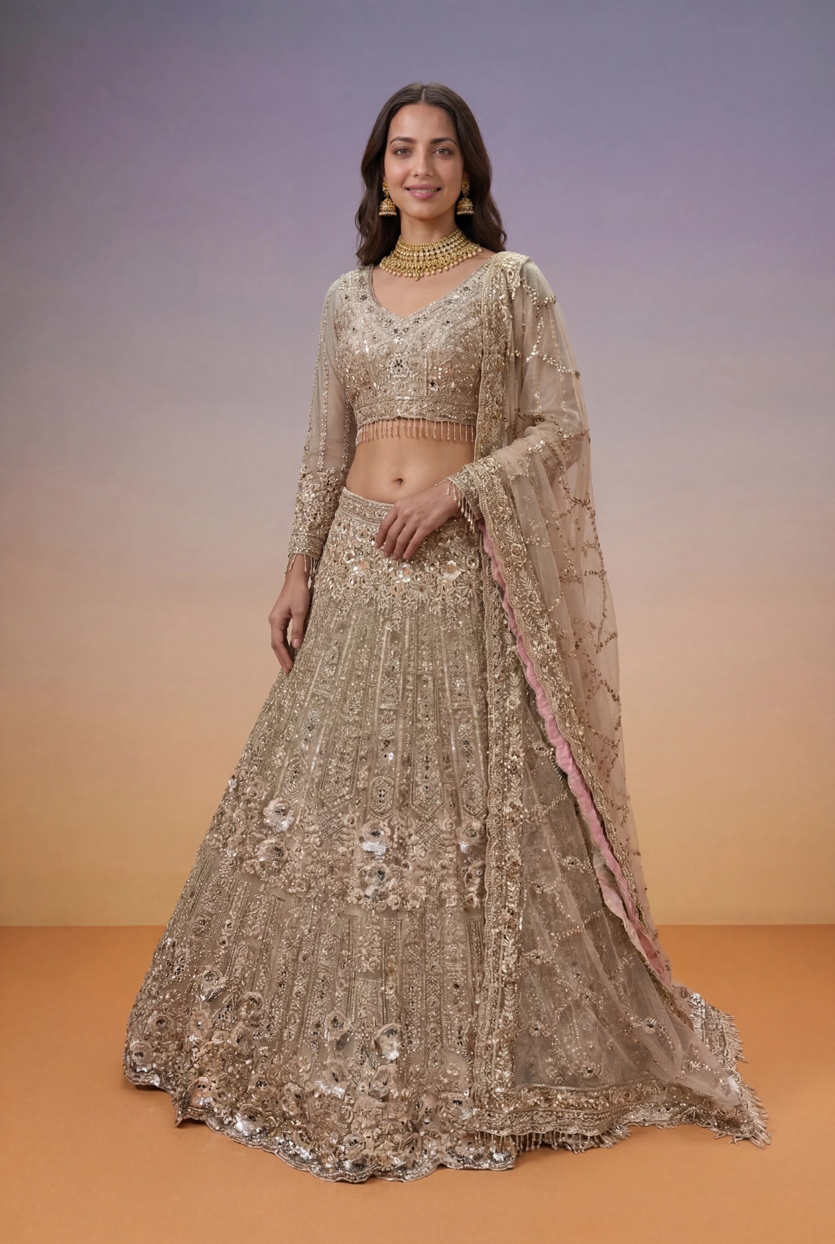 Champagne Gold Soft Net Bridal Lehenga