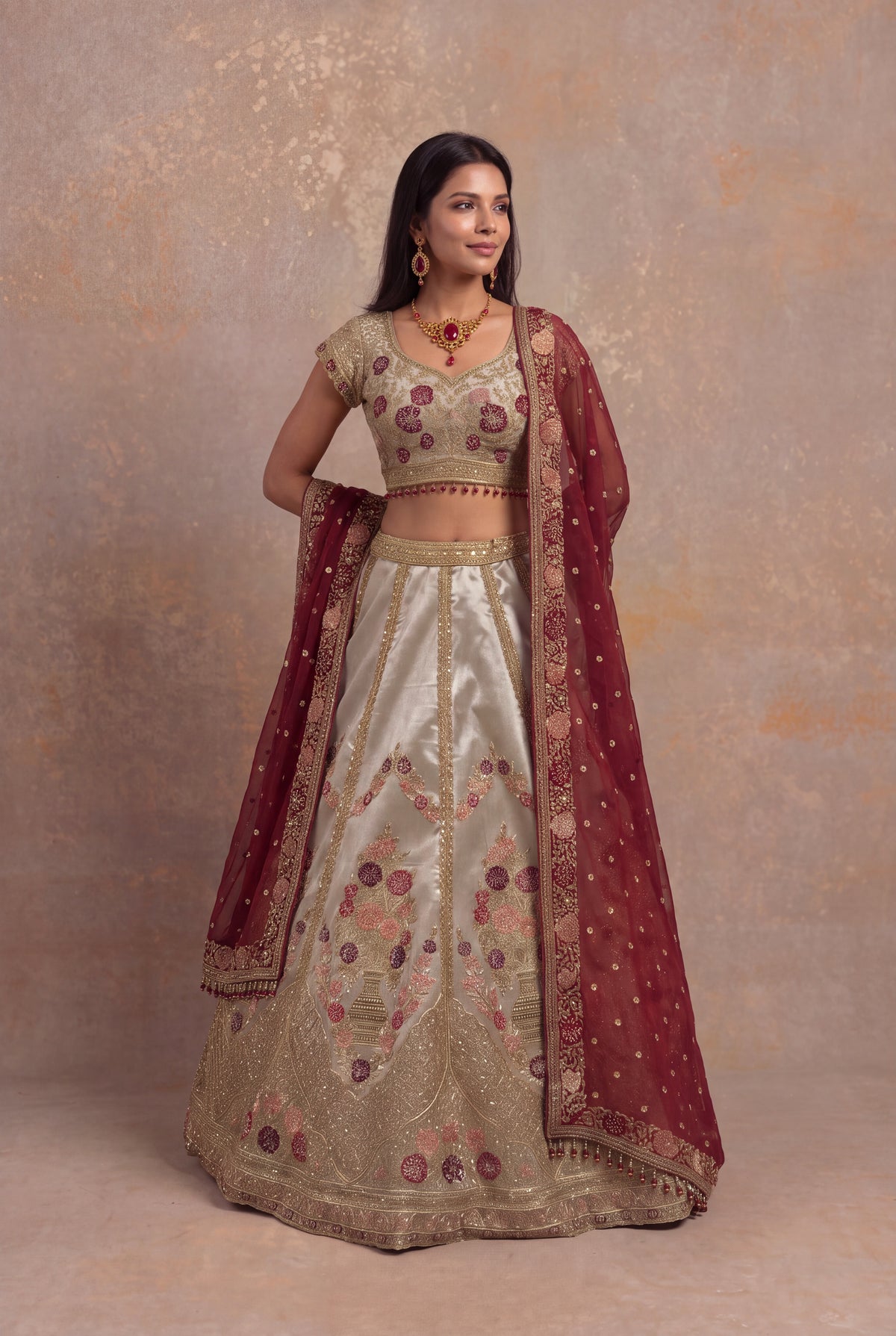 Gray Tissue Lehenga Set with Zardozi and Velvet Applique - Mokshaa