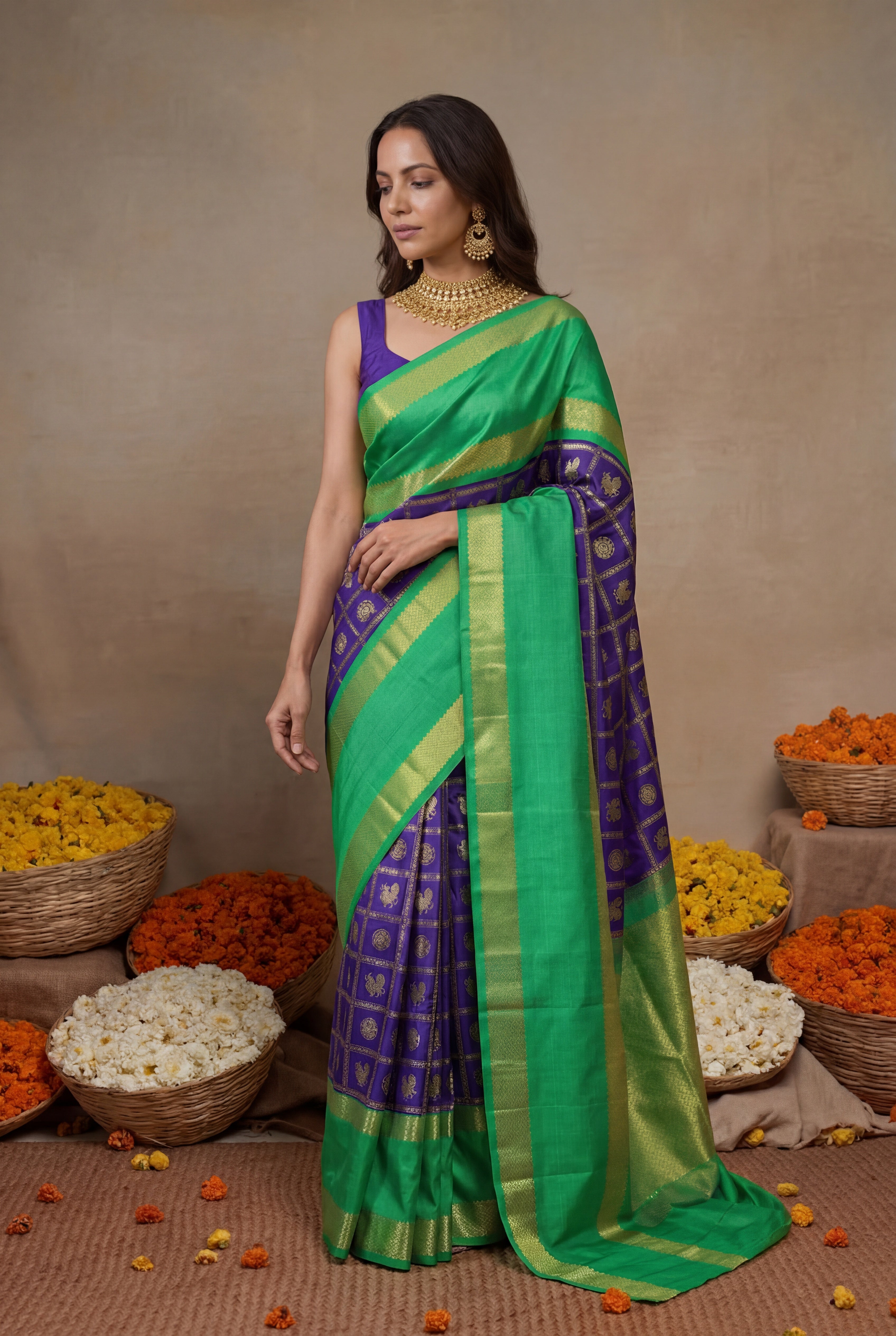 Royal Blue and Contrast Green Kanchivaram Silk Saree