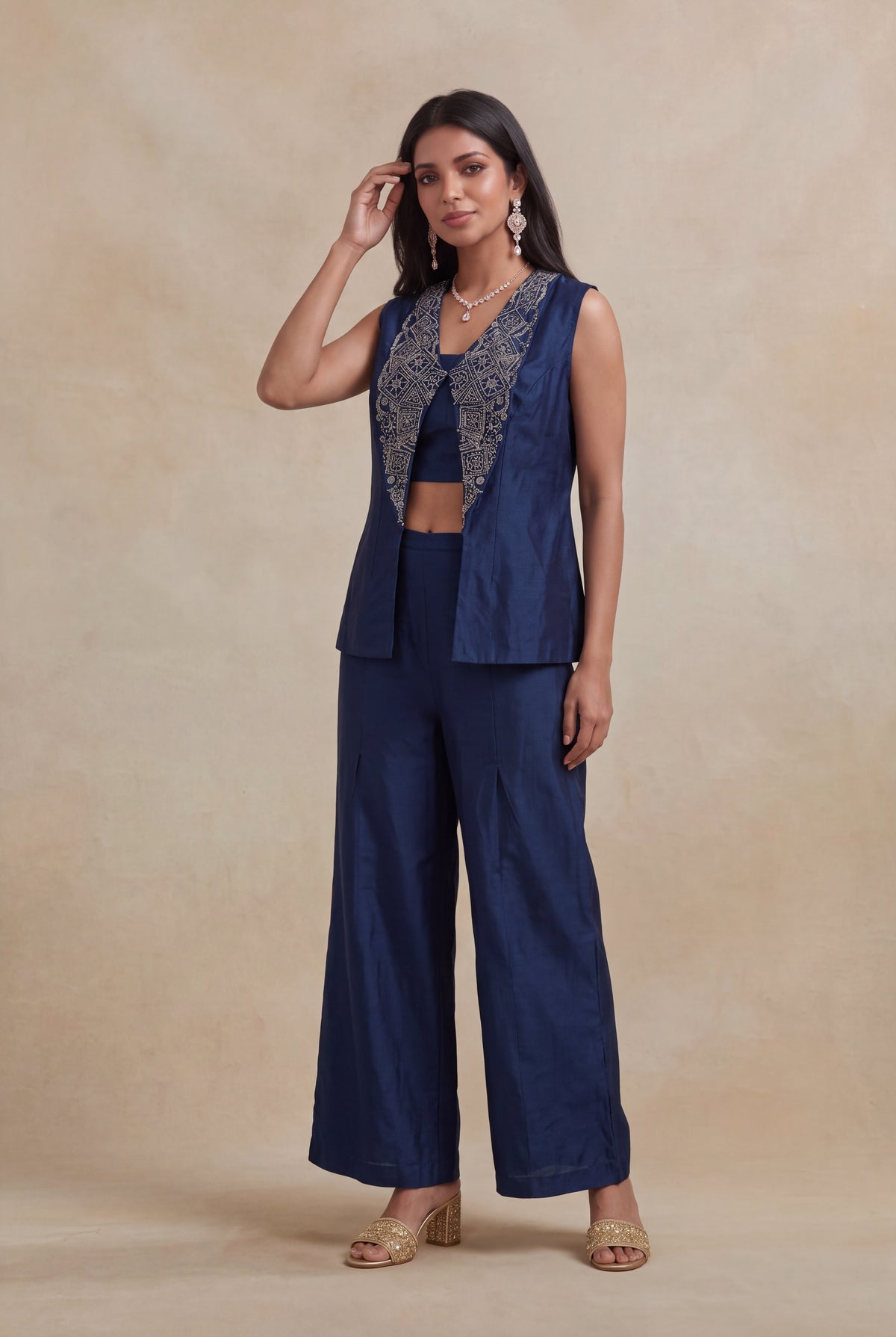 Navy Blue Silk Indo-Western Palazzo Set - Mokshaa