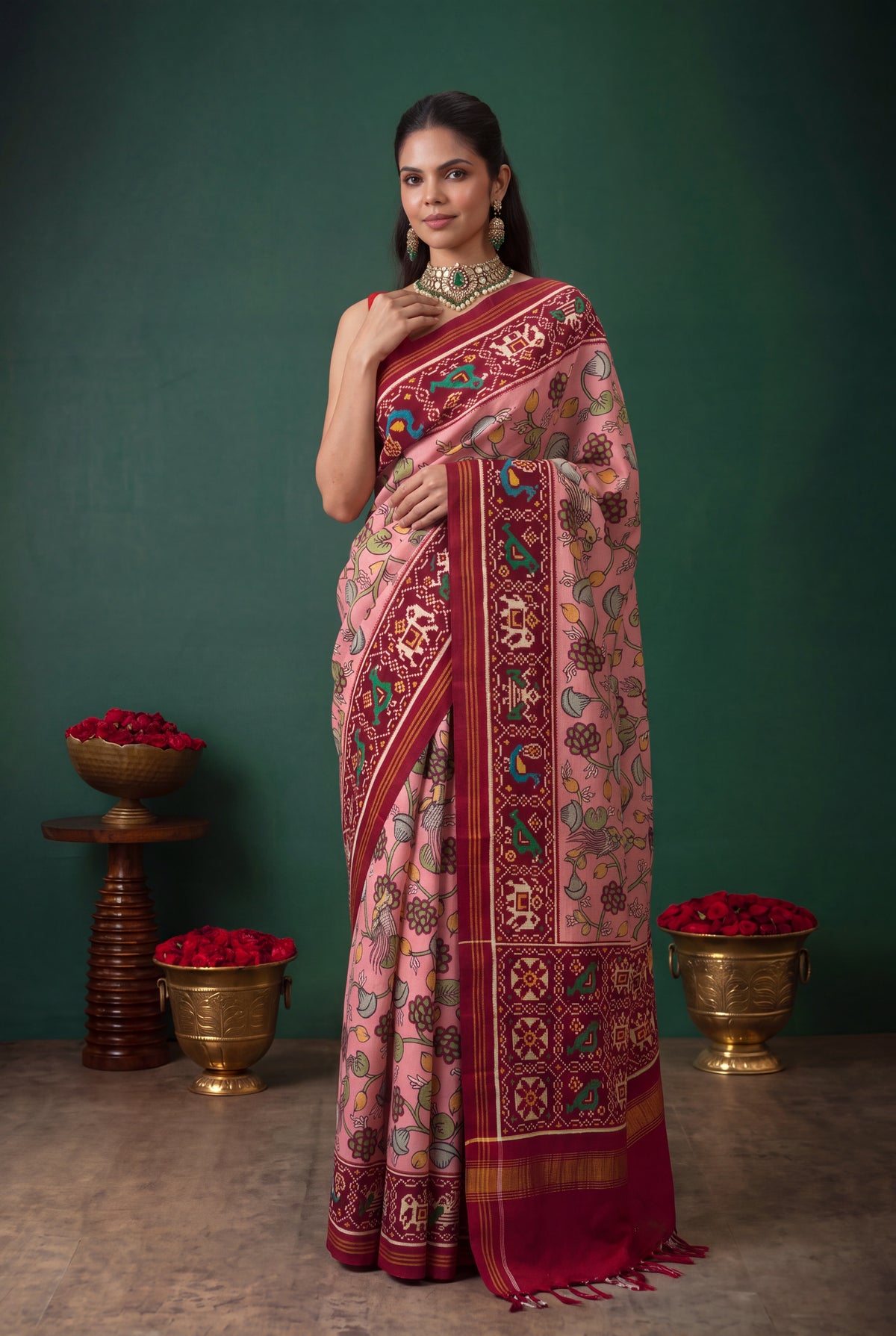 Peach Patan Patola Silk Kalamkari Saree - Mokshaa