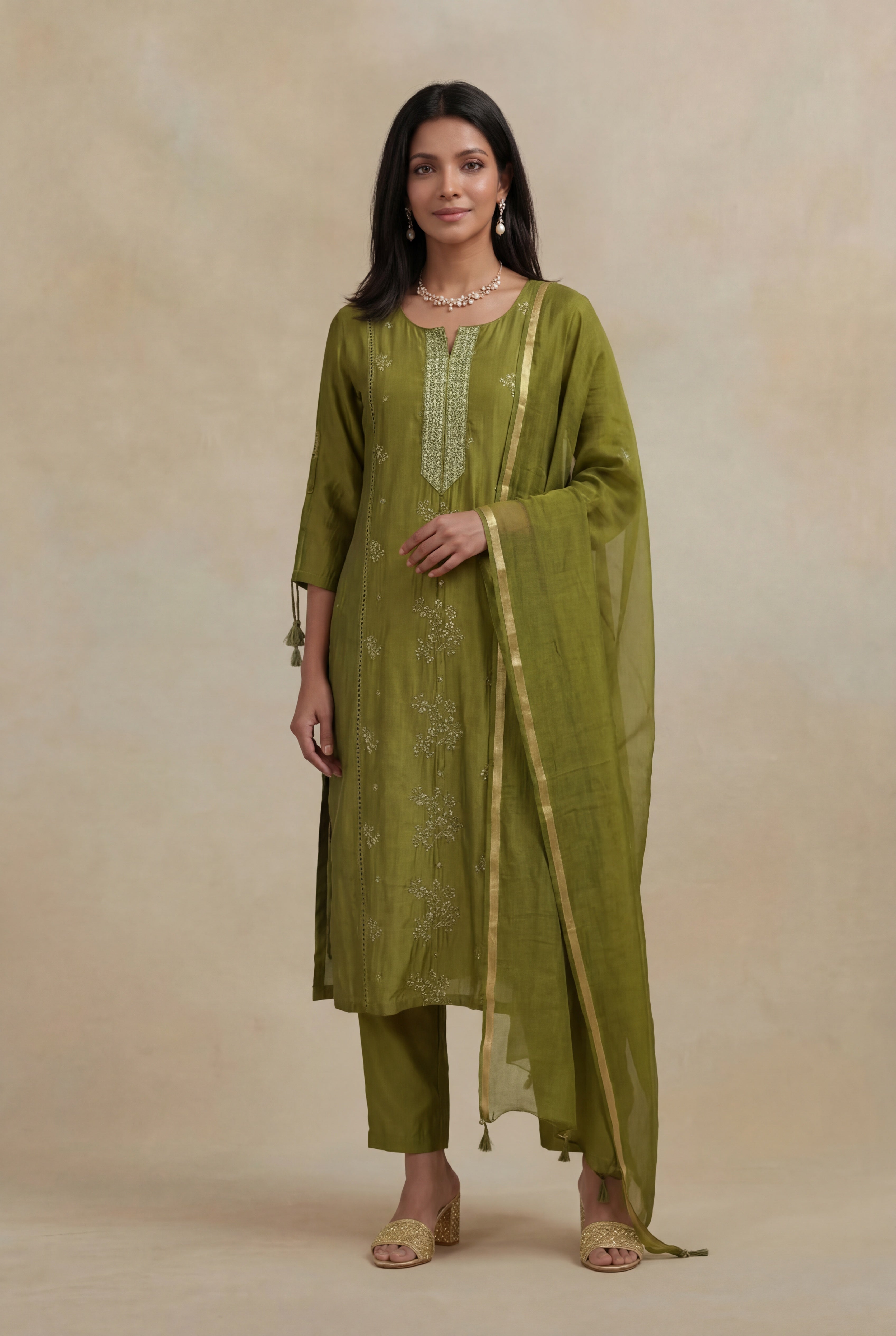 Olive Green Mulmul Cotton Straight Cut Salwar Set