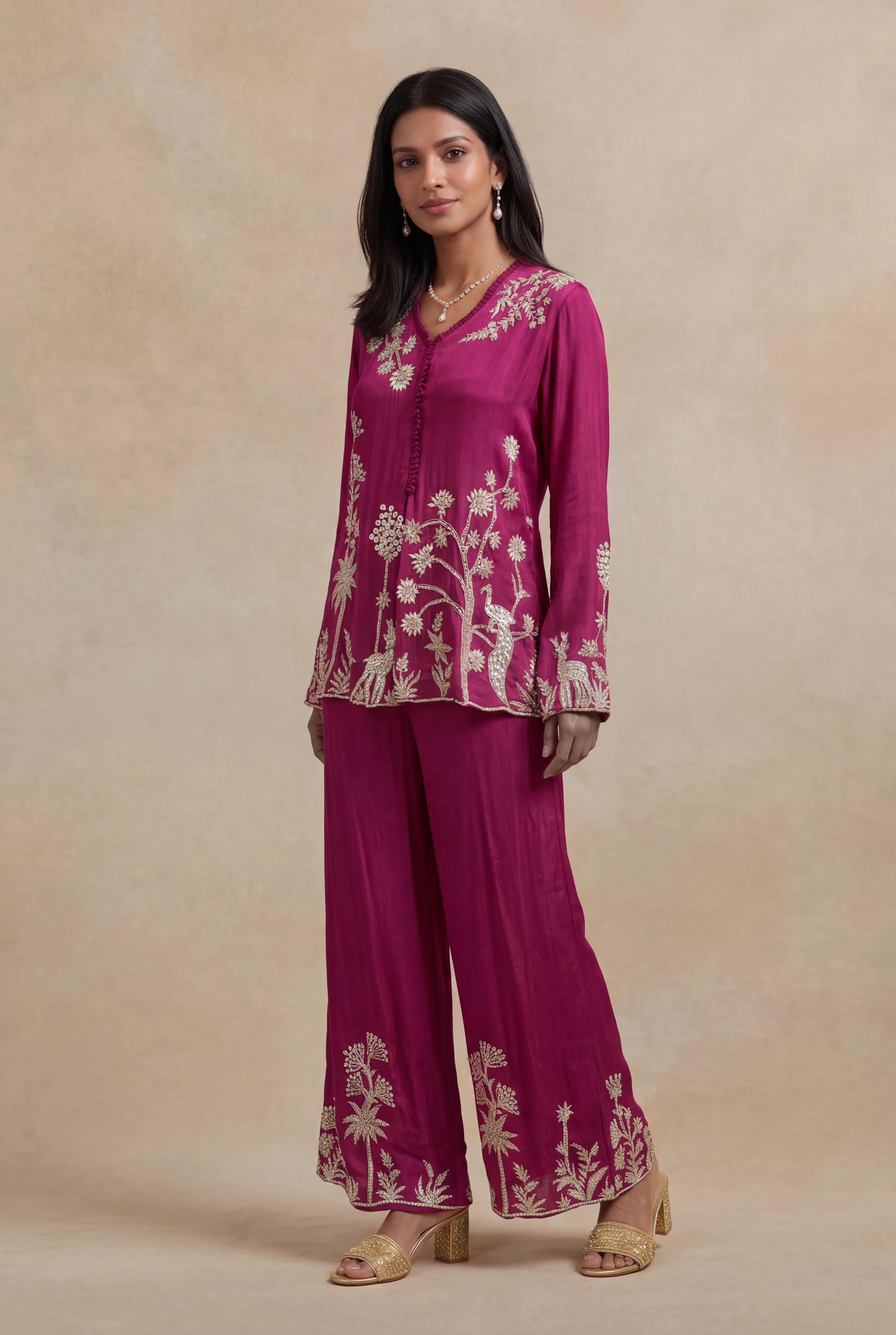 Magenta Pink Georgette Embroidered Indo-Western Co-Ord Set