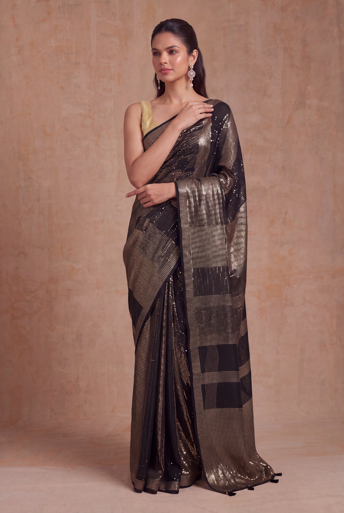 Black Georgette Antique Sequin Saree - Mokshaa