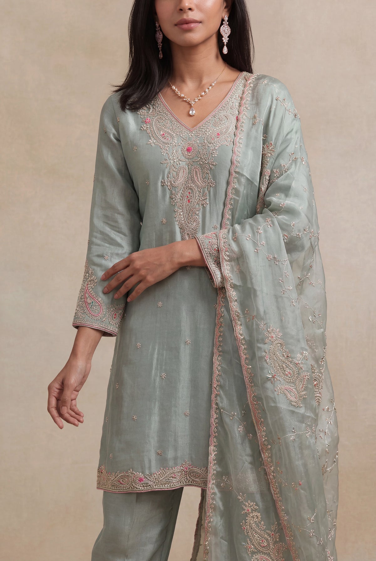 Sage Green Tissue Zardozi Straight Cut Salwar Suit - Mokshaa