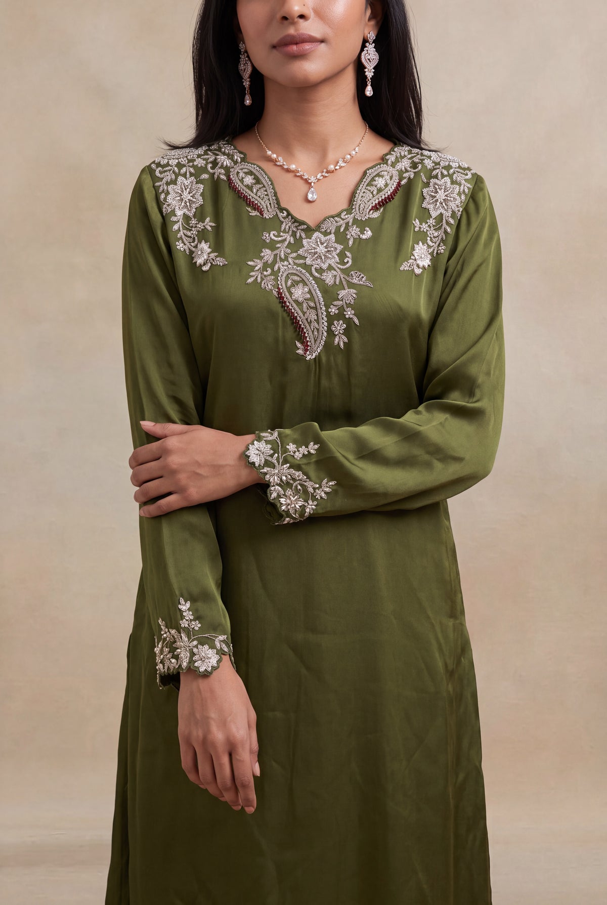 Olive Green Satin Silk Indo-Western Set with Zardozi Work - Mokshaa