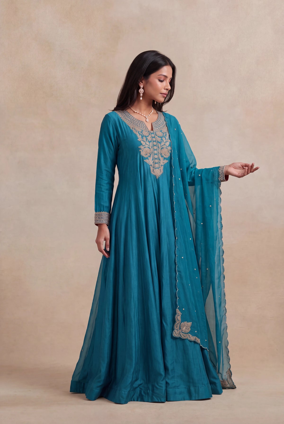 Teal Blue Chinon Silk Anarkali - Mokshaa
