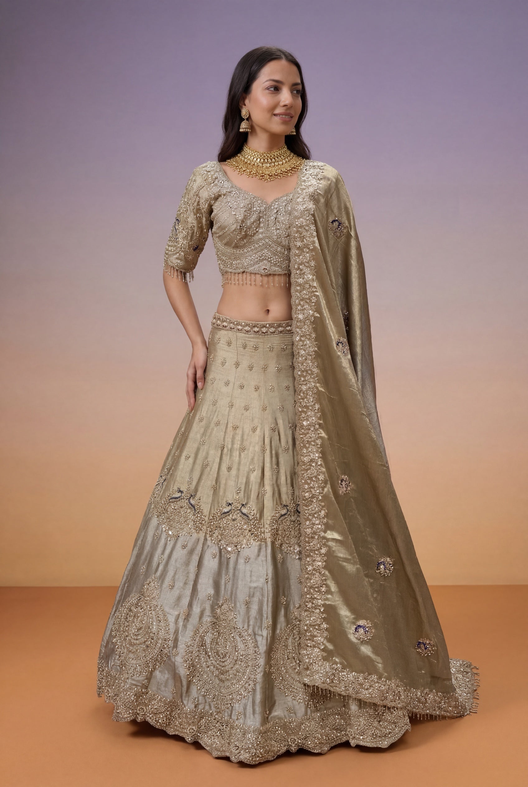 Champagne Tissue Bridal Lehenga