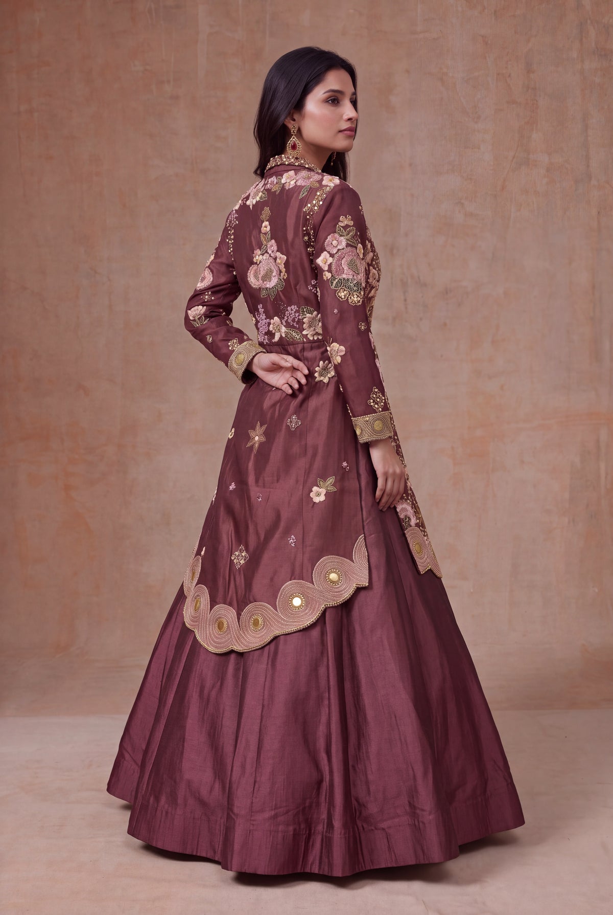 Wine Mauve Raw Silk Jacket Lehenga with Floral Embroidery - Mokshaa