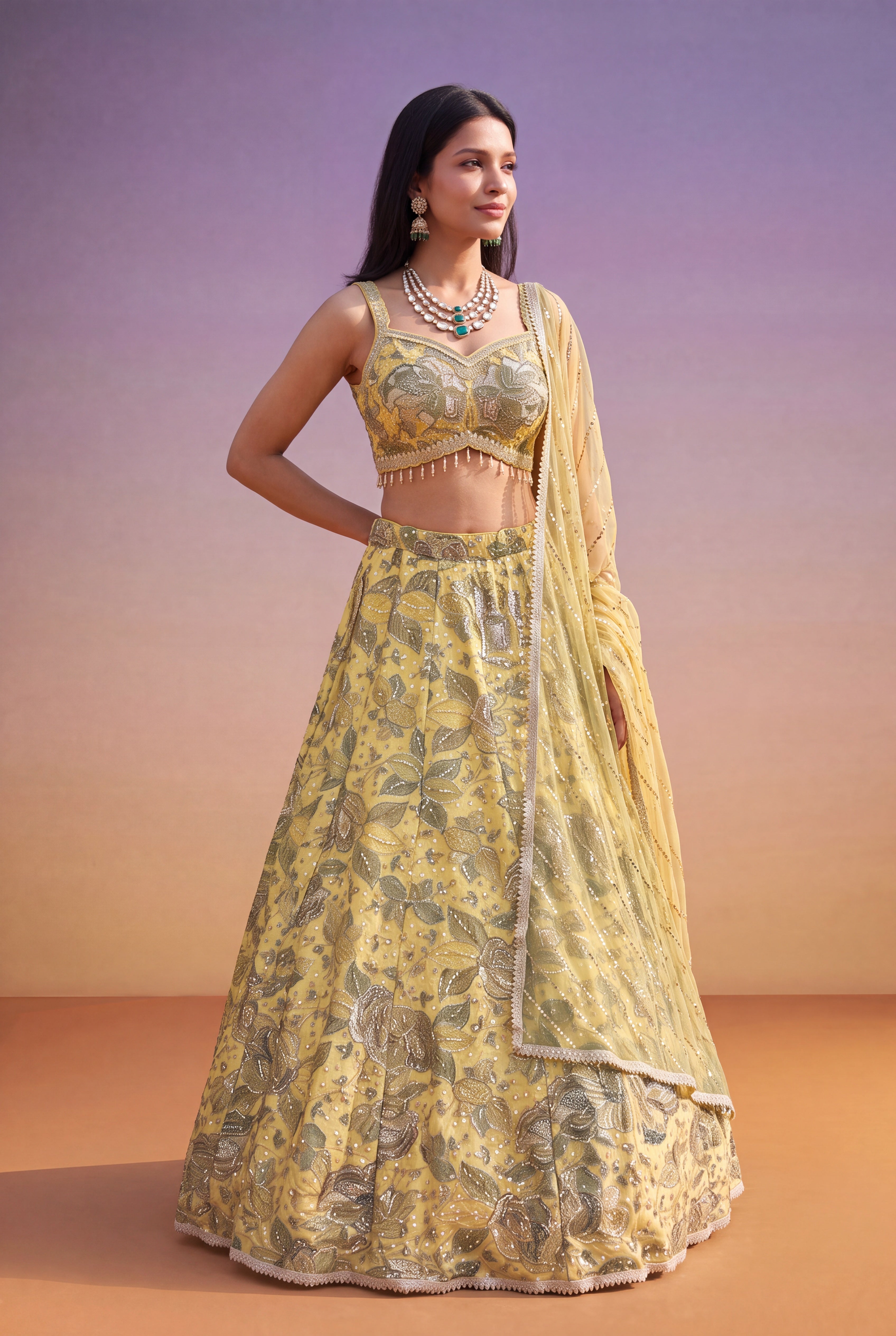 Yellow-Green Silk Lehenga with Floral Print, Zari & Sequin Work