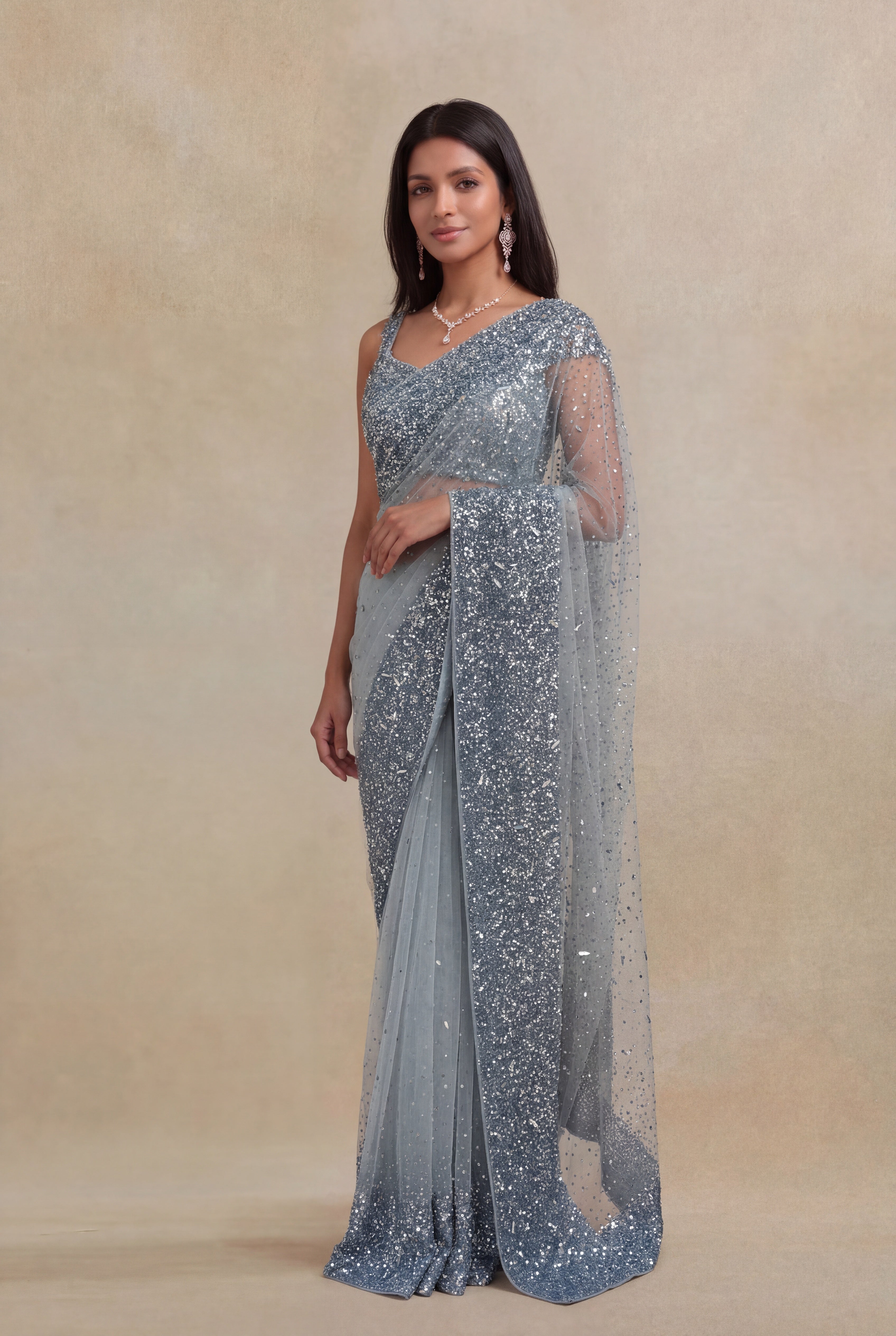 Ice Blue Net Sequins Saree