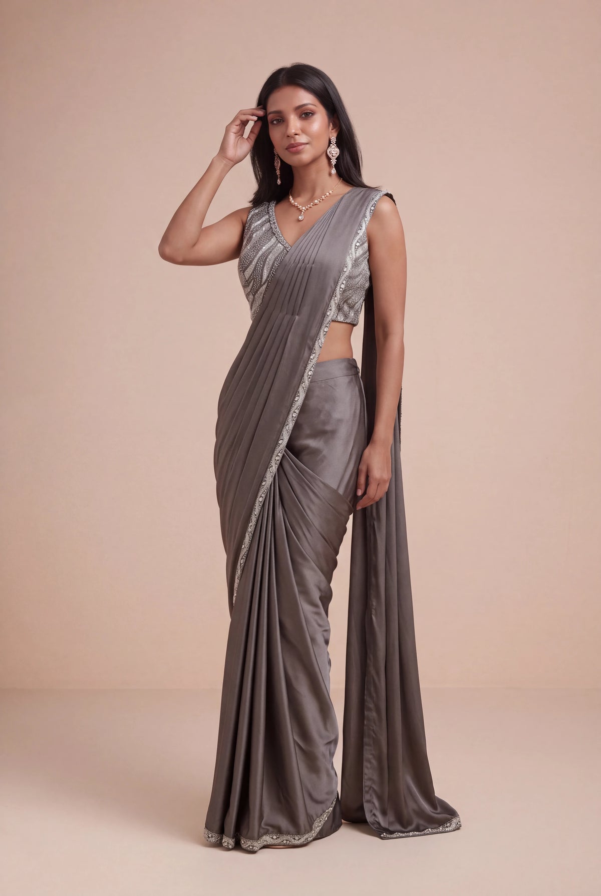 Charcoal Grey Satin Silk Pre-Draped Saree - Mokshaa