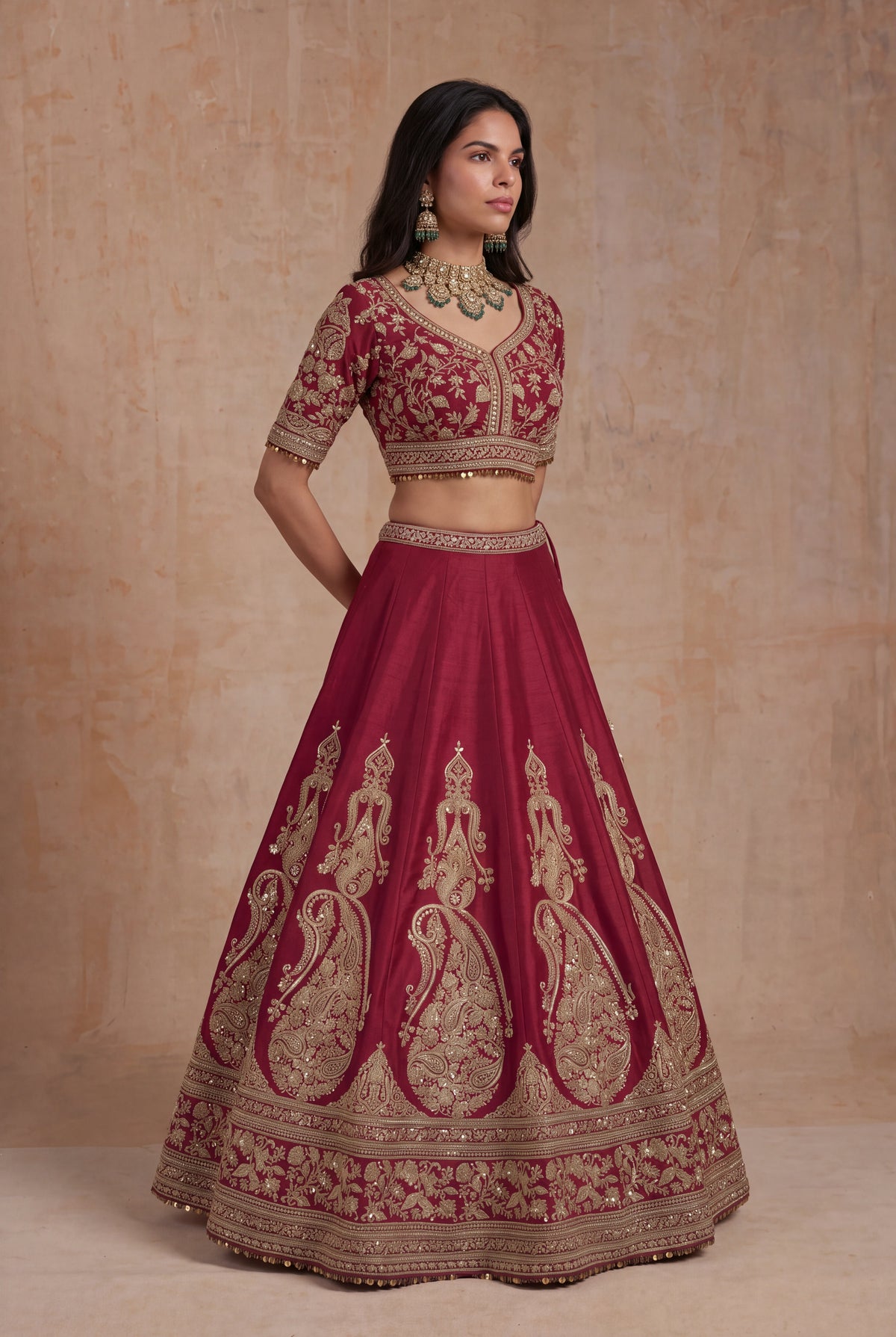 Maroon Raw Silk Lehenga - Mokshaa