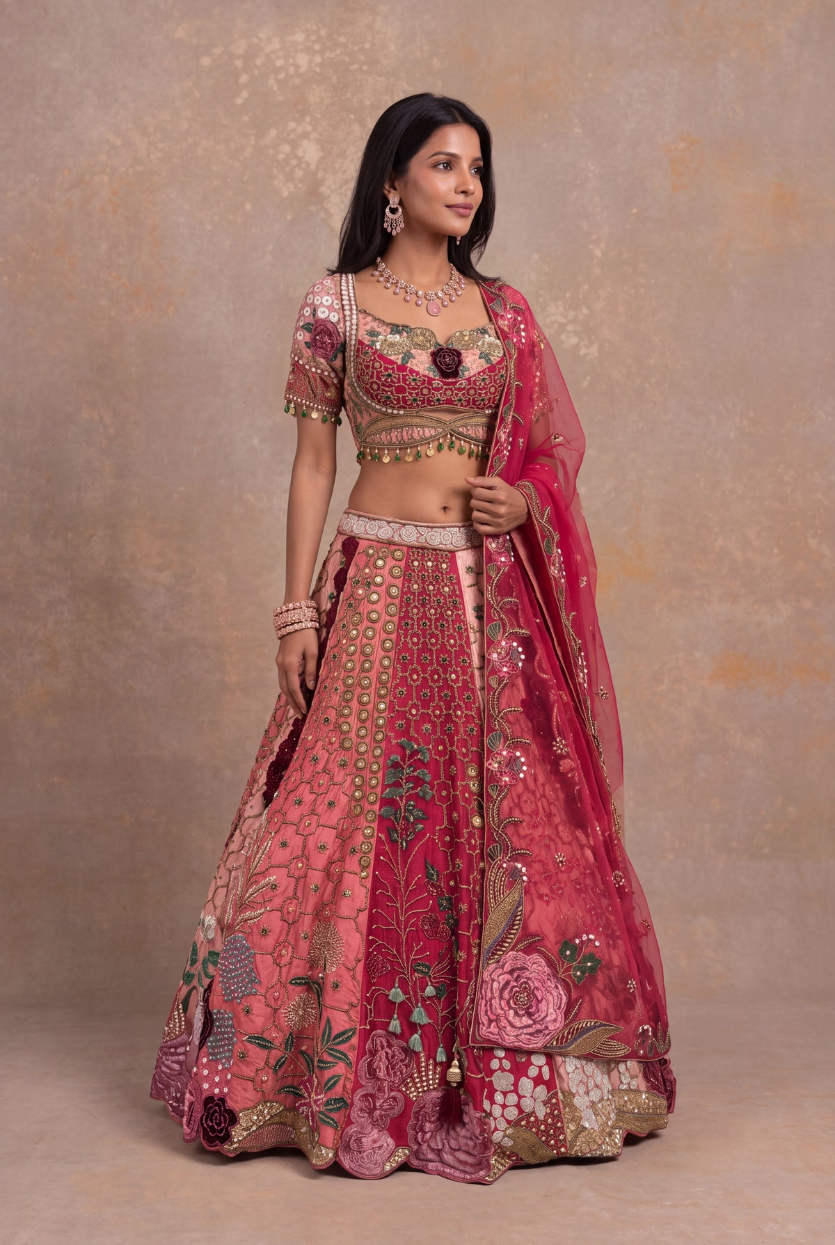 Multicolour Pink Raw Silk Embroidered Lehenga - Mokshaa