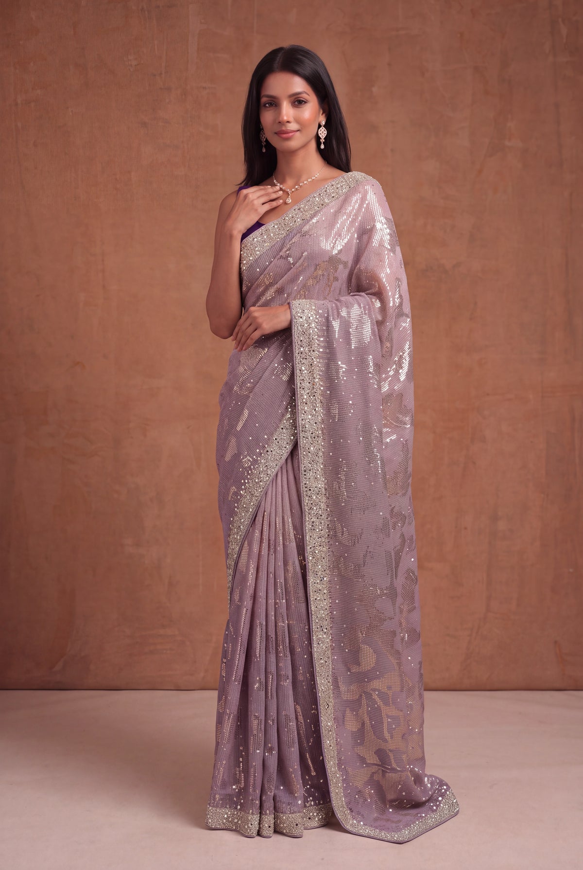 Purple Georgette Saree with Sequin & Mirror Work - Mokshaa