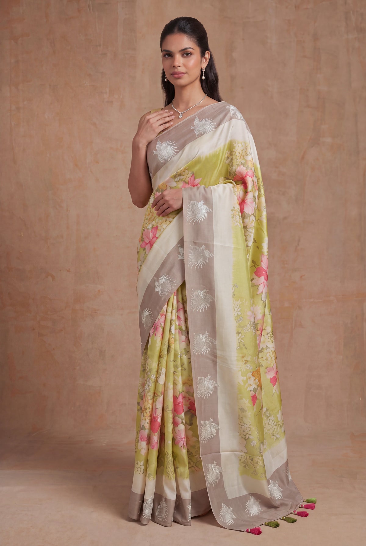 Lime Green Tussar Silk Saree - Mokshaa