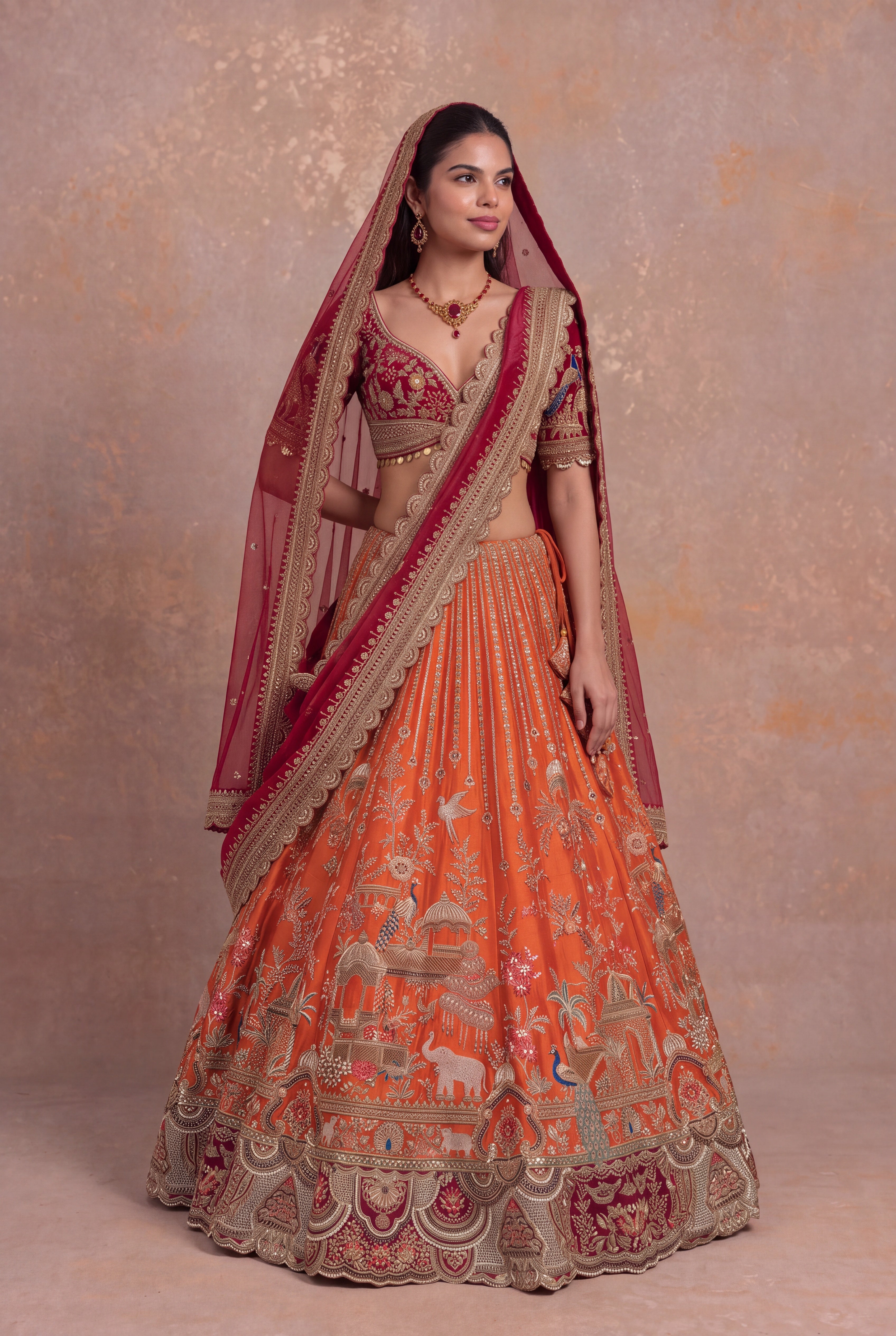 Rust Orange Raw Silk Bridal Lehenga with Zardozi Palace Motifs