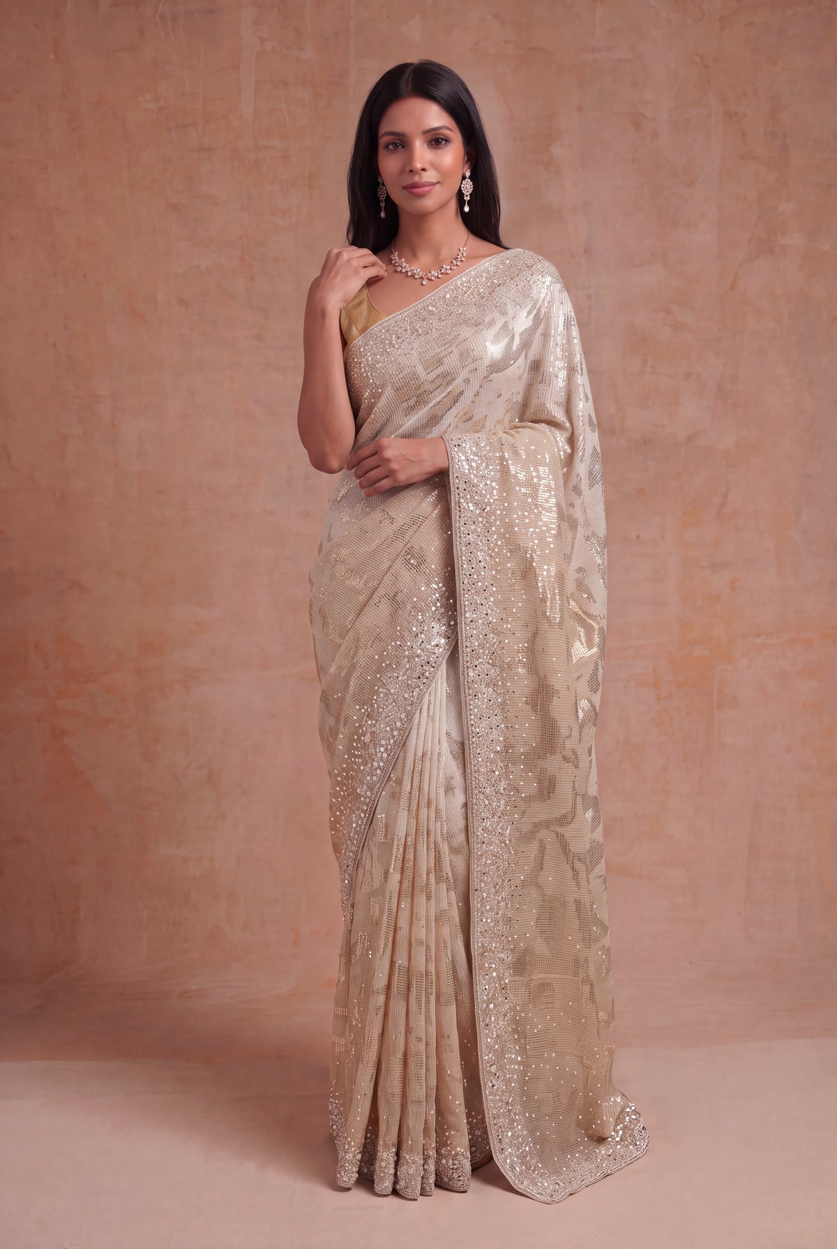 Gold Georgette Saree with Sequin & Mirror Work - Mokshaa