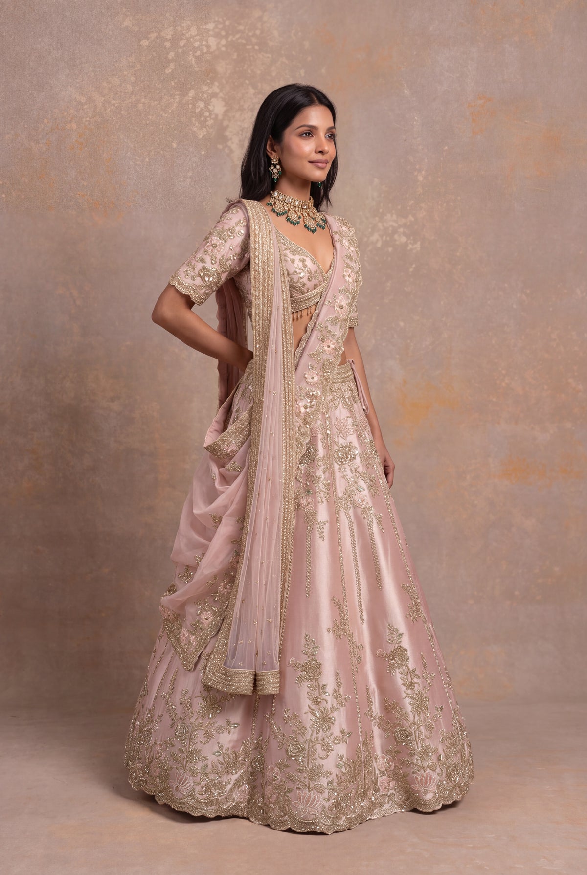 Baby Pink Tissue Silk Lehenga Set with Thread and Zardozi Work - Mokshaa