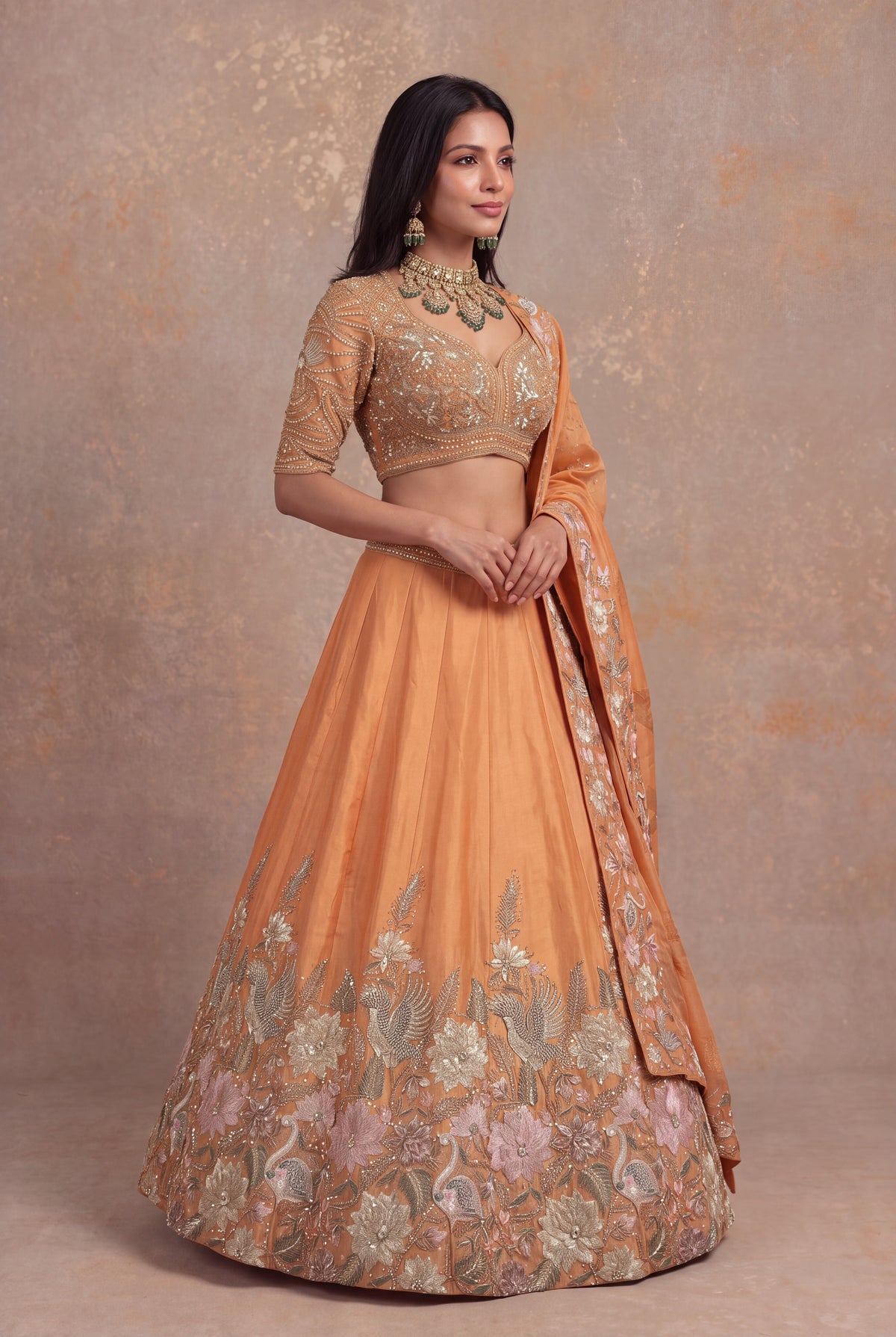 Light Orange Organza Tissue Floral Embroidered Lehenga - Mokshaa