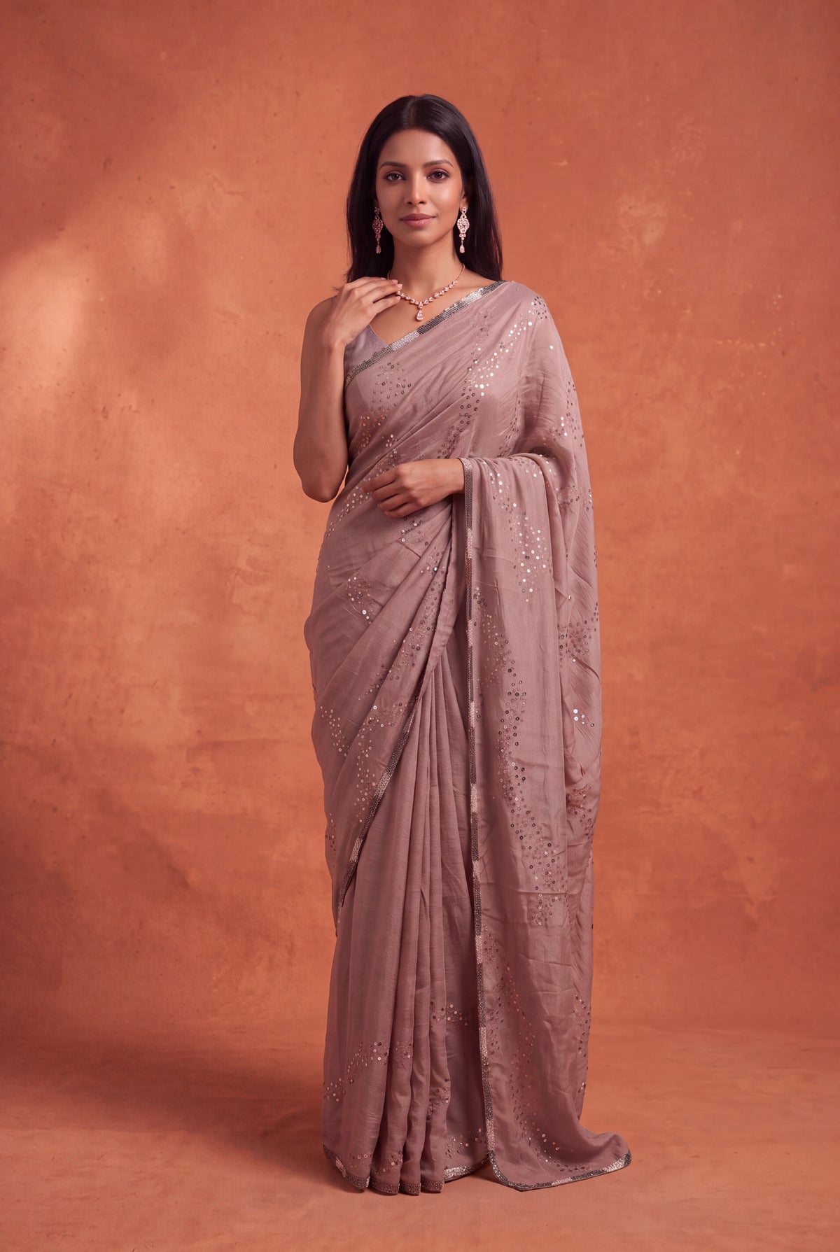 Brown Crush Crepe Saree with Sequin Work - Mokshaa