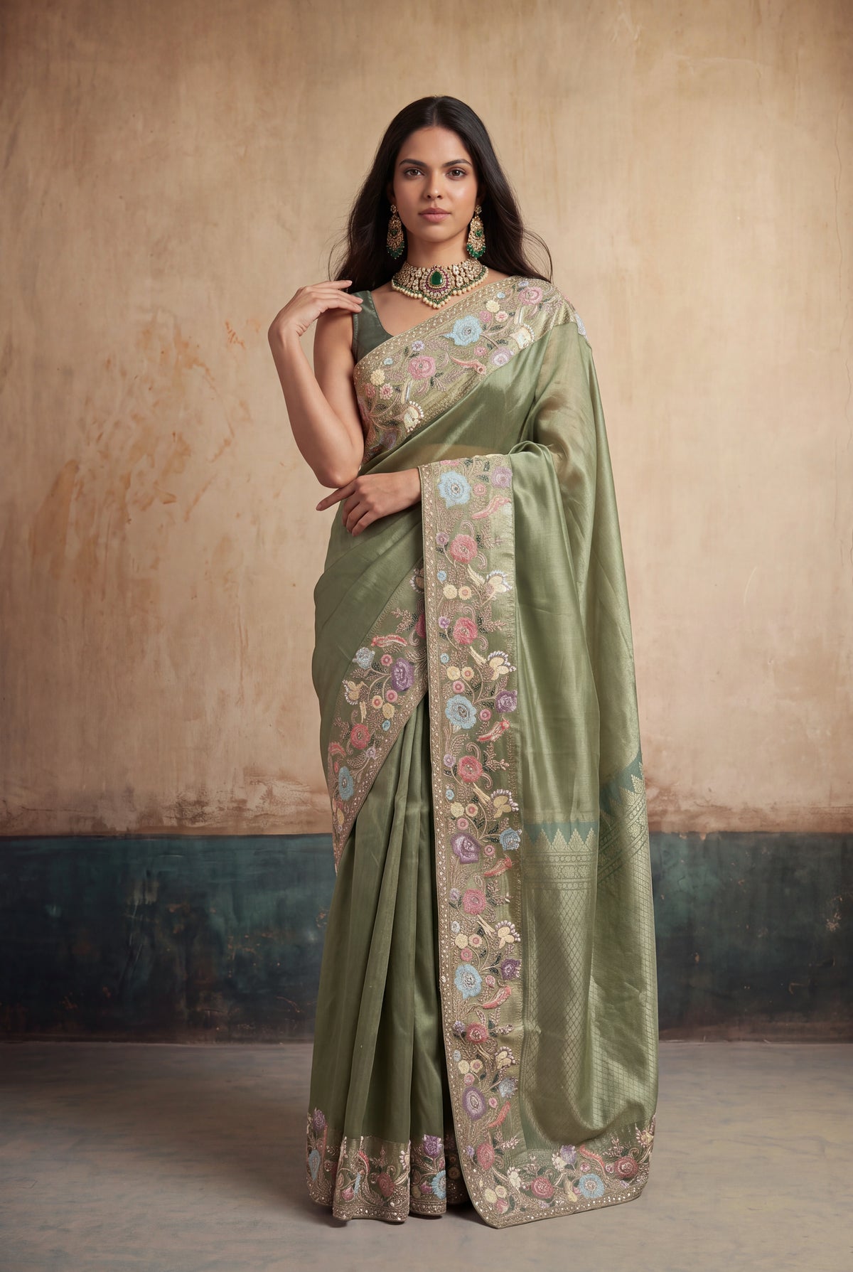 Sage Green Kanchivaram Pattu Silk Saree - Mokshaa