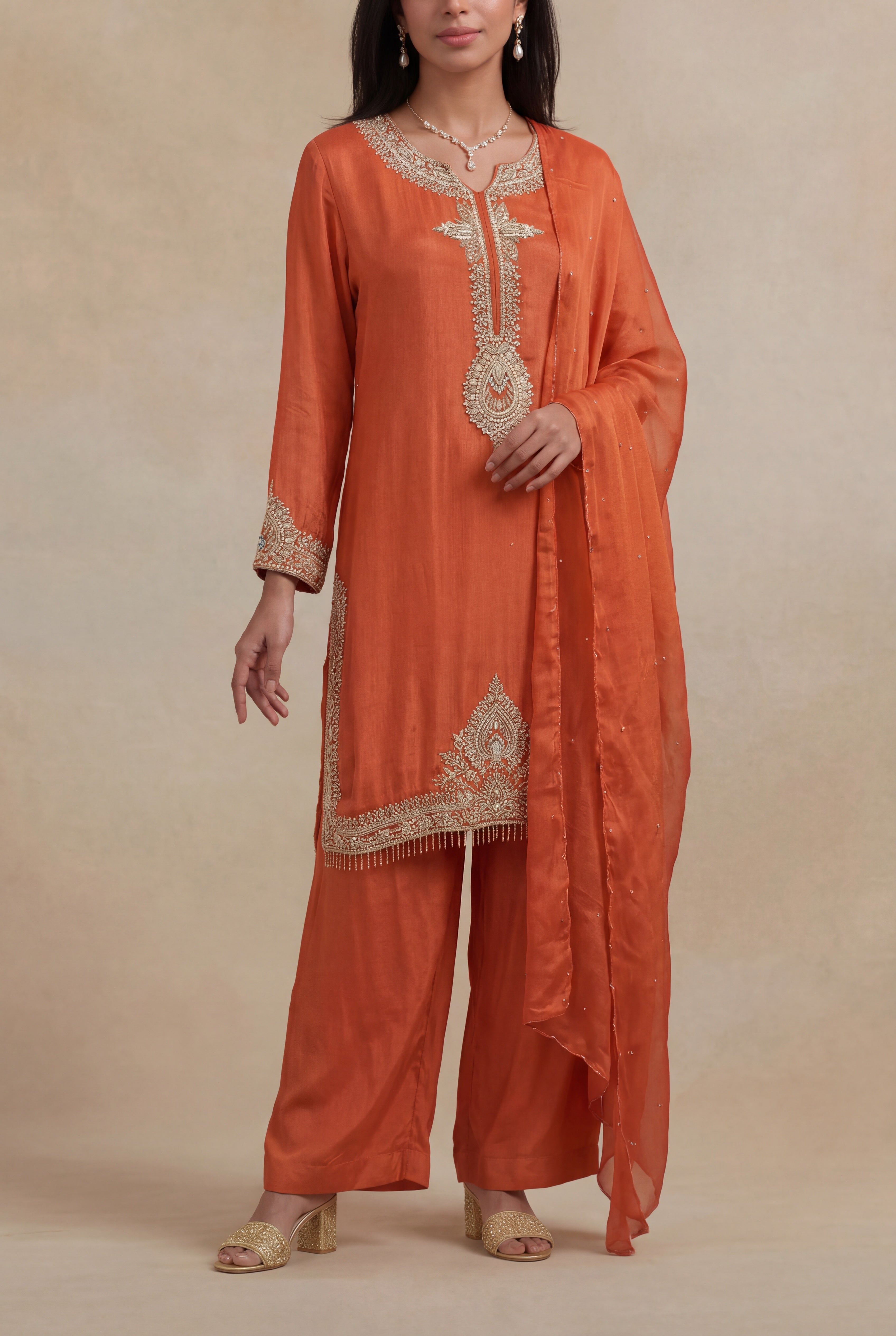 Orange Crepe Embroidered Short Top Sharara Set