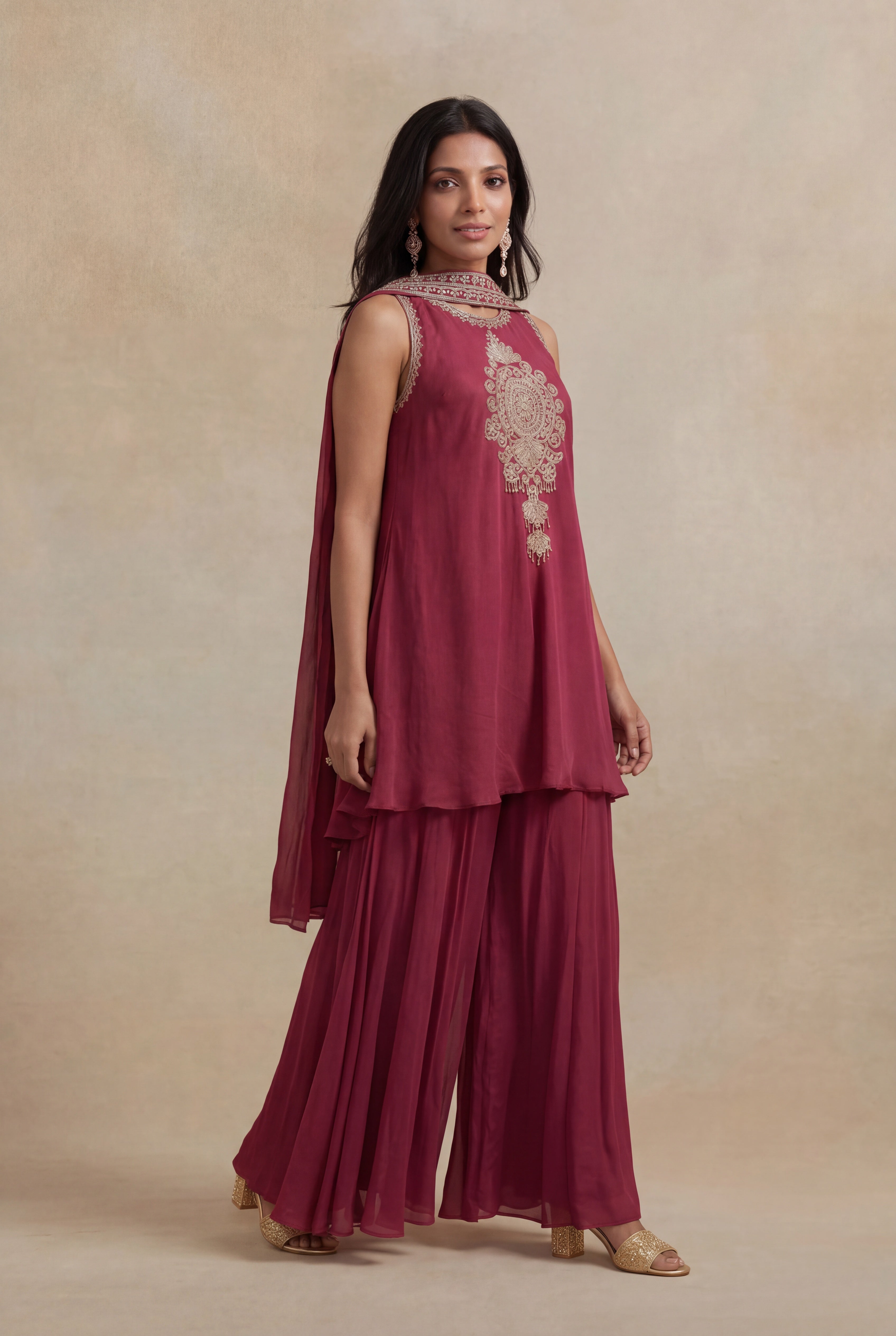 Rust Pink Chinon Georgette Indo-Western Kurta Set