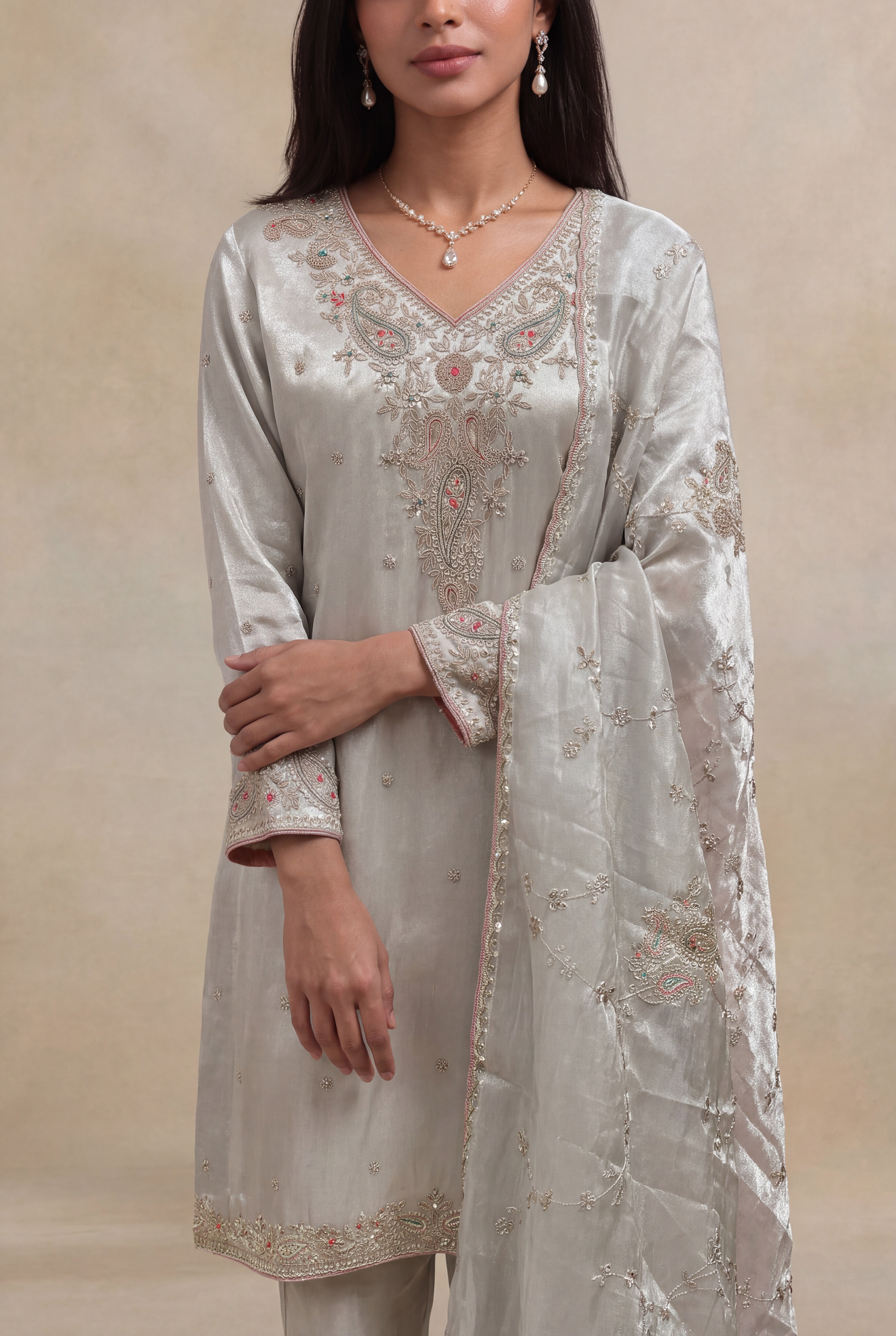 Silver Grey Tissue Straight Cut Salwar Set