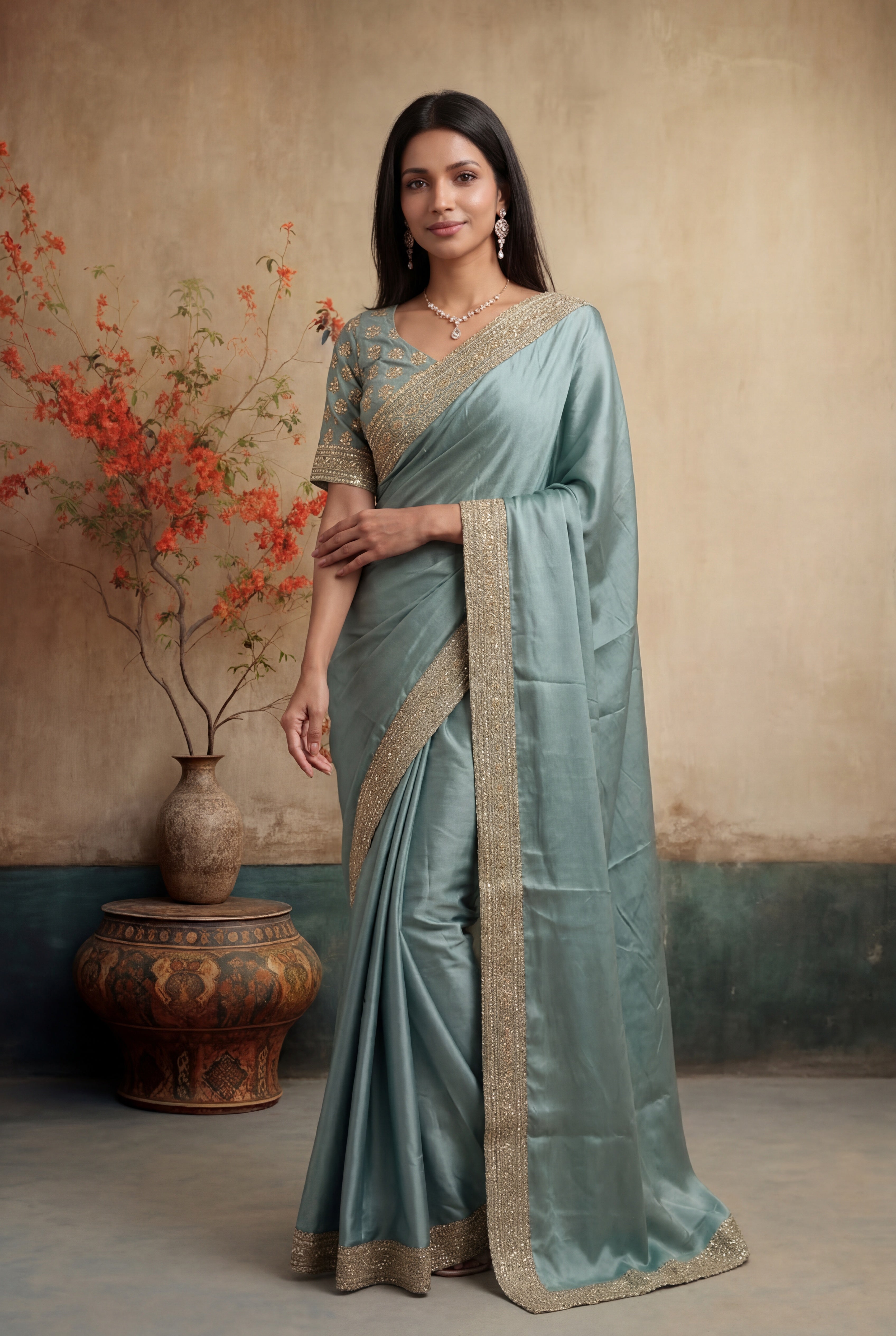Pastel Green Satin Saree