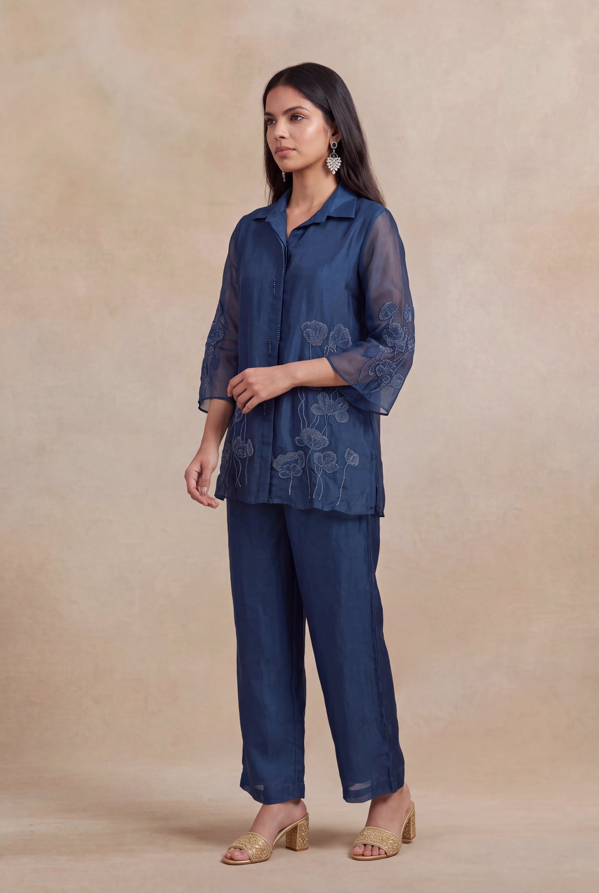 Navy Blue Organza Co-ord Set - Mokshaa