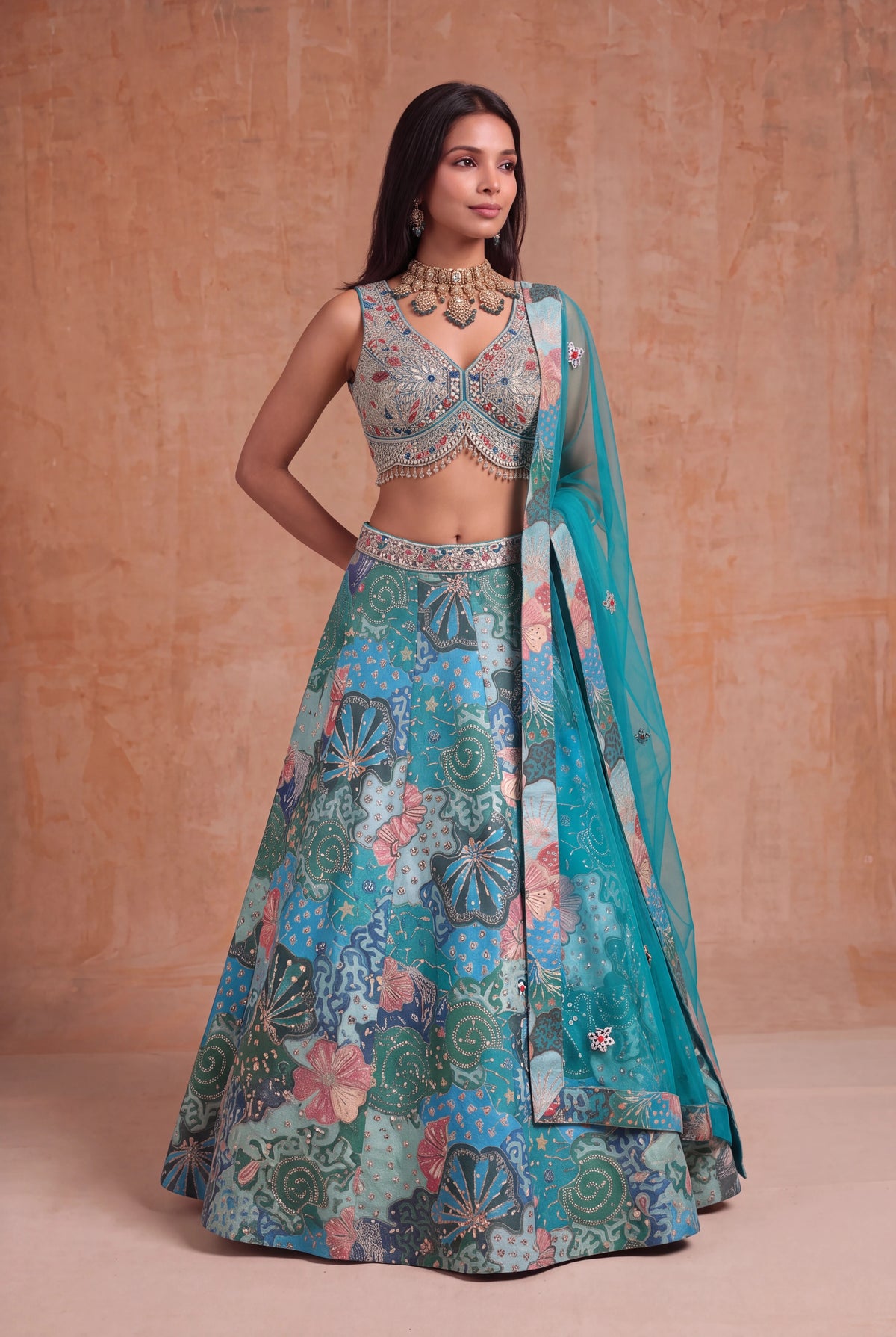 Teal Tissue Silk Floral Lehenga - Mokshaa