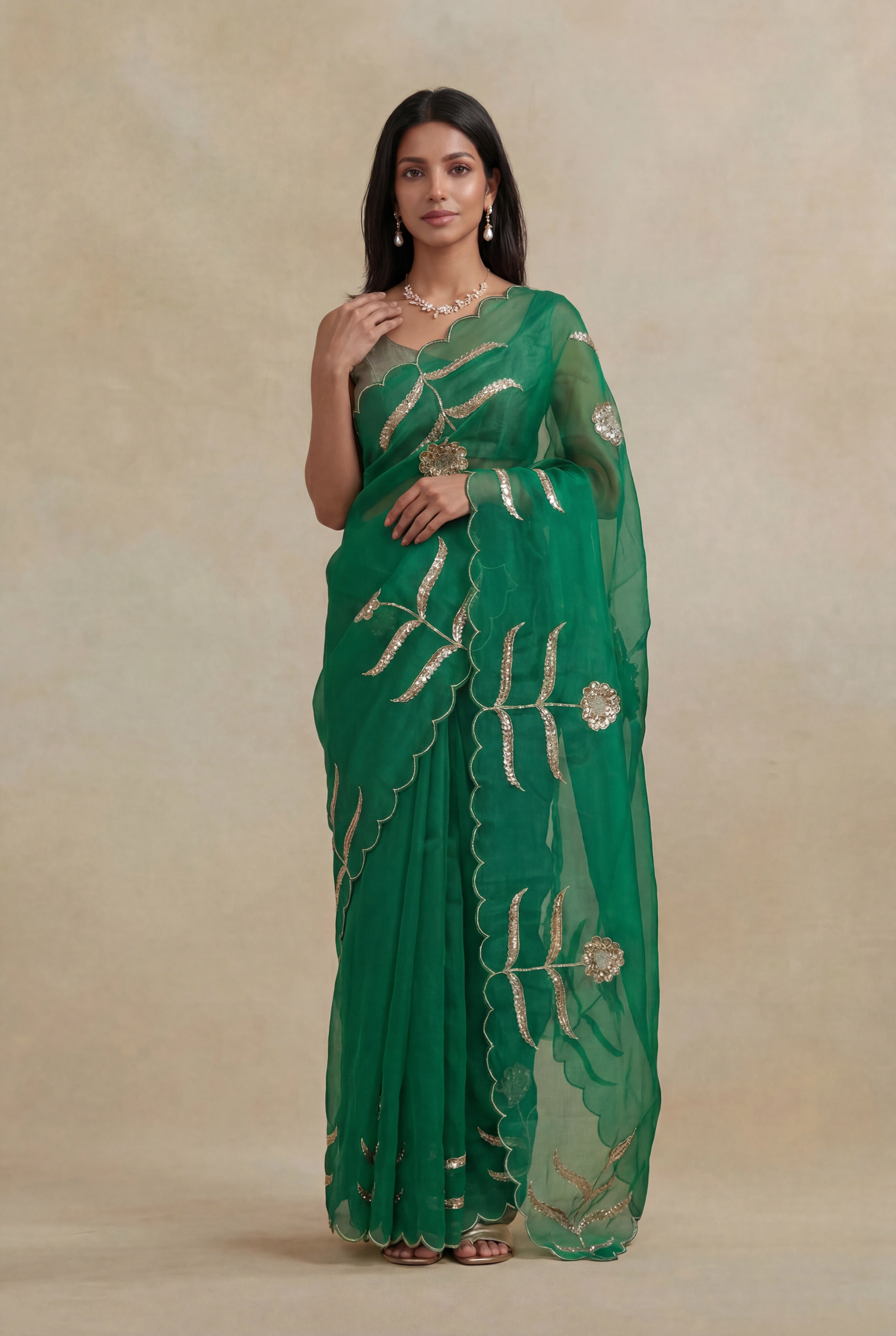 Bottle Green Organza Saree