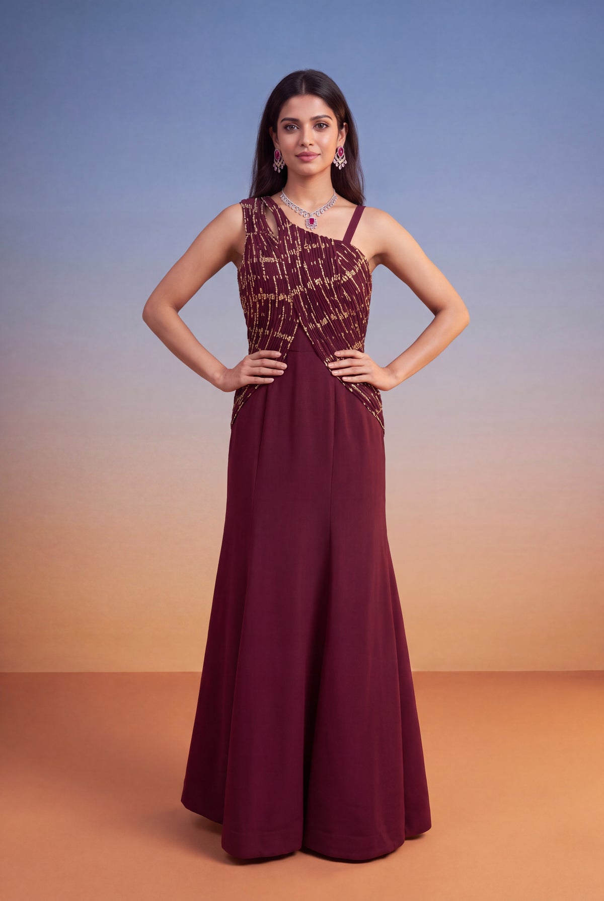 Wine Silk Banarasi Weave Western Gown - Mokshaa