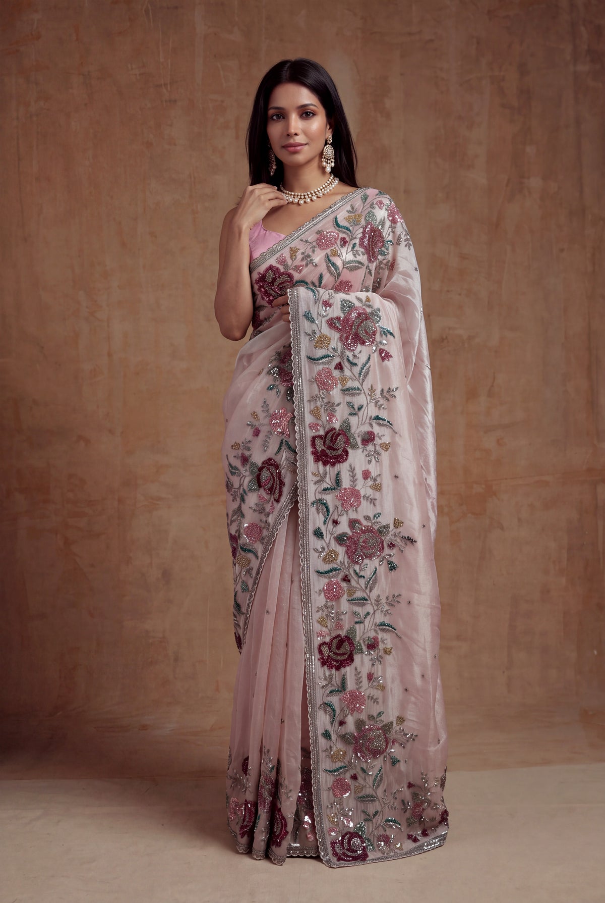 Blush Pink Tissue Organza Floral Sequin Saree - Mokshaa