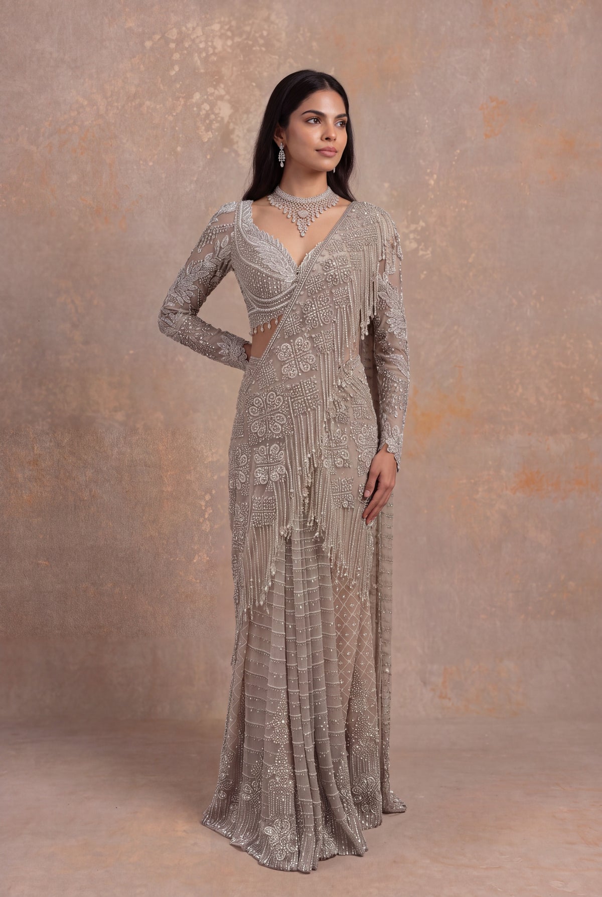 Rose Gold Embellished Net Pre-Draped Saree - Mokshaa
