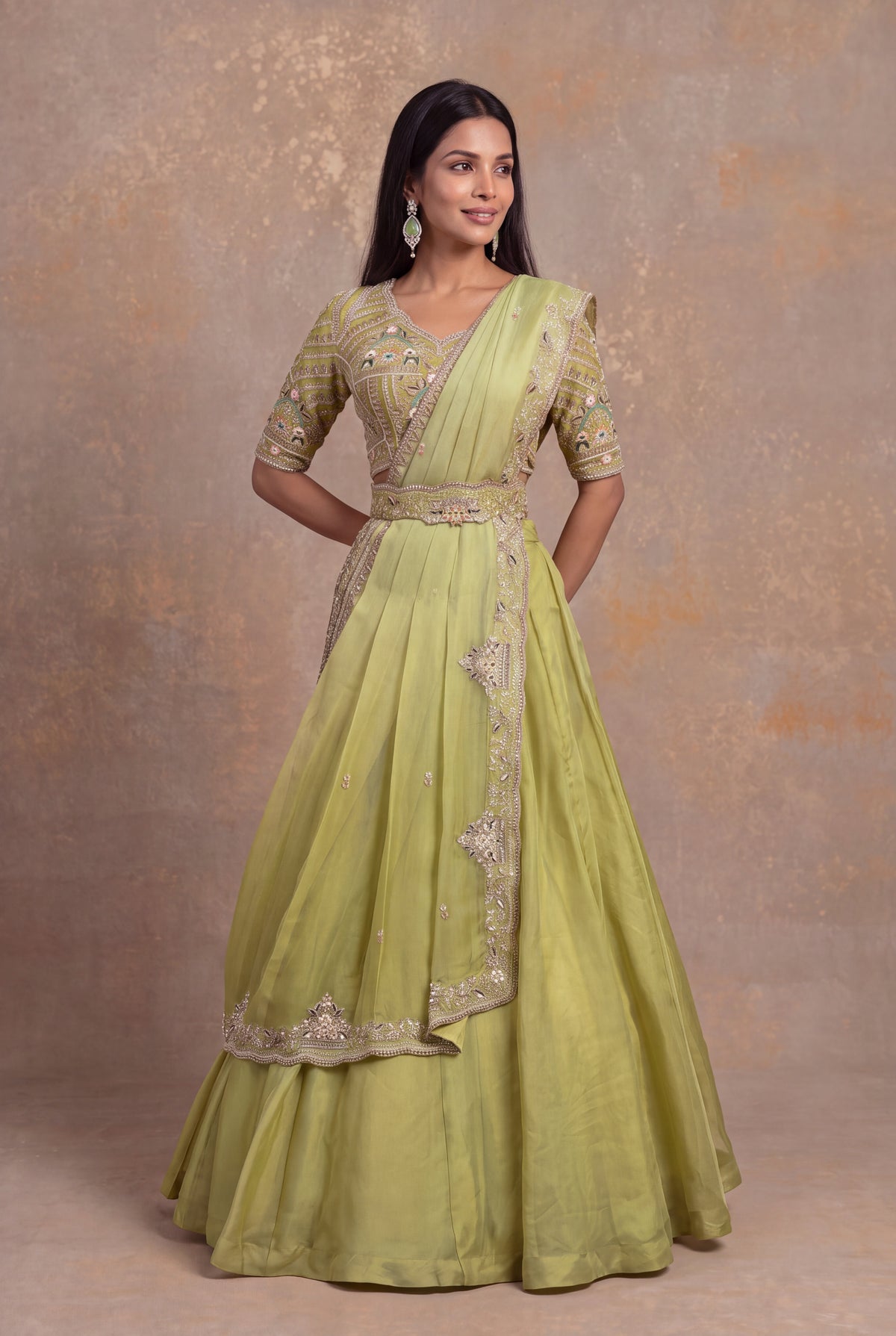 Pastel Green Organza Draped Lehenga - Mokshaa