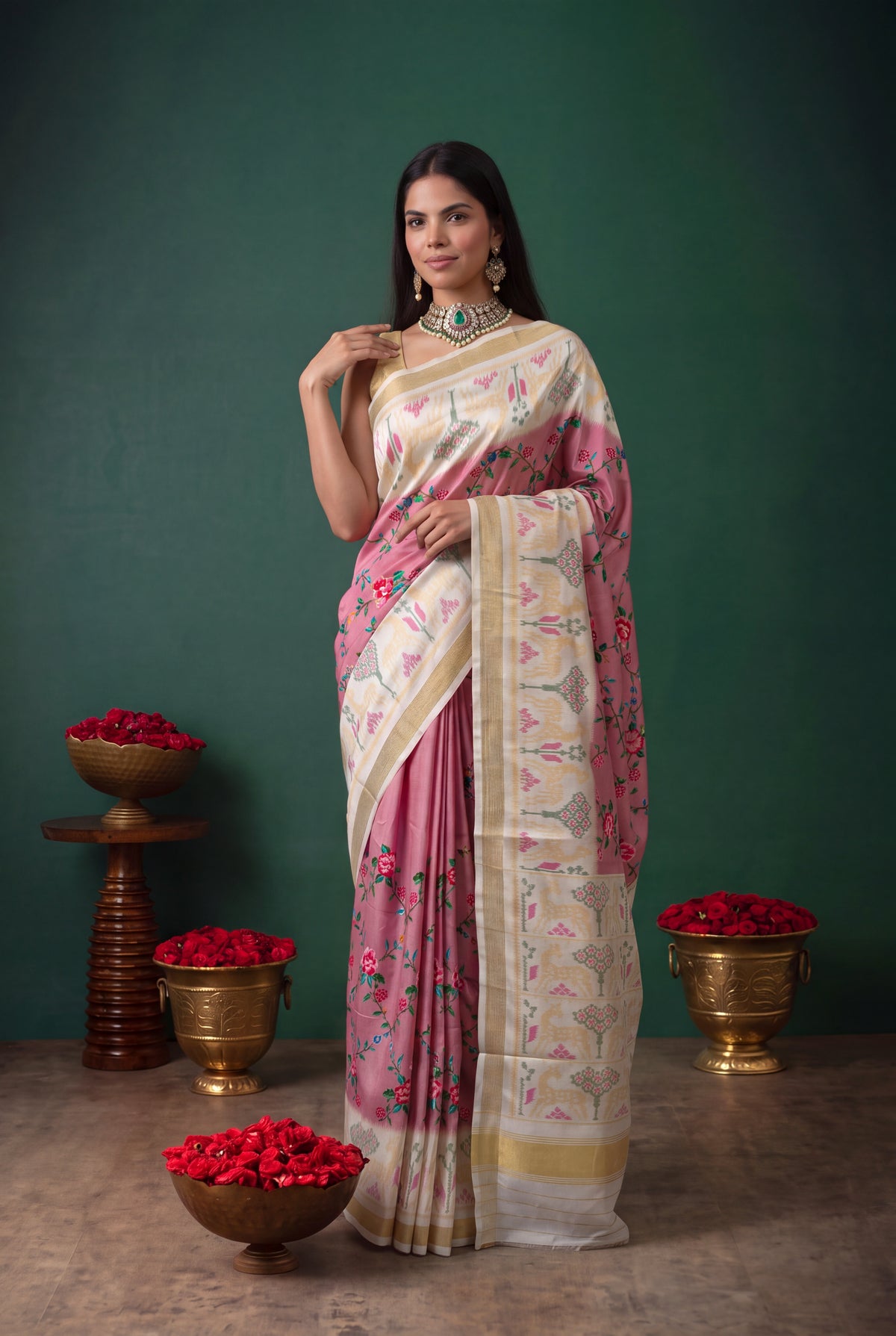Rose Pink Twill Silk Patola Saree - Mokshaa