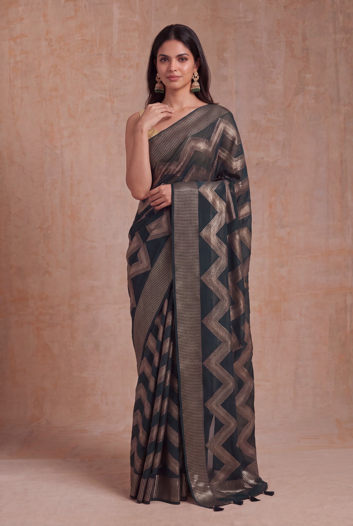 Bottle Green Georgette Sequin Wave Saree - Mokshaa