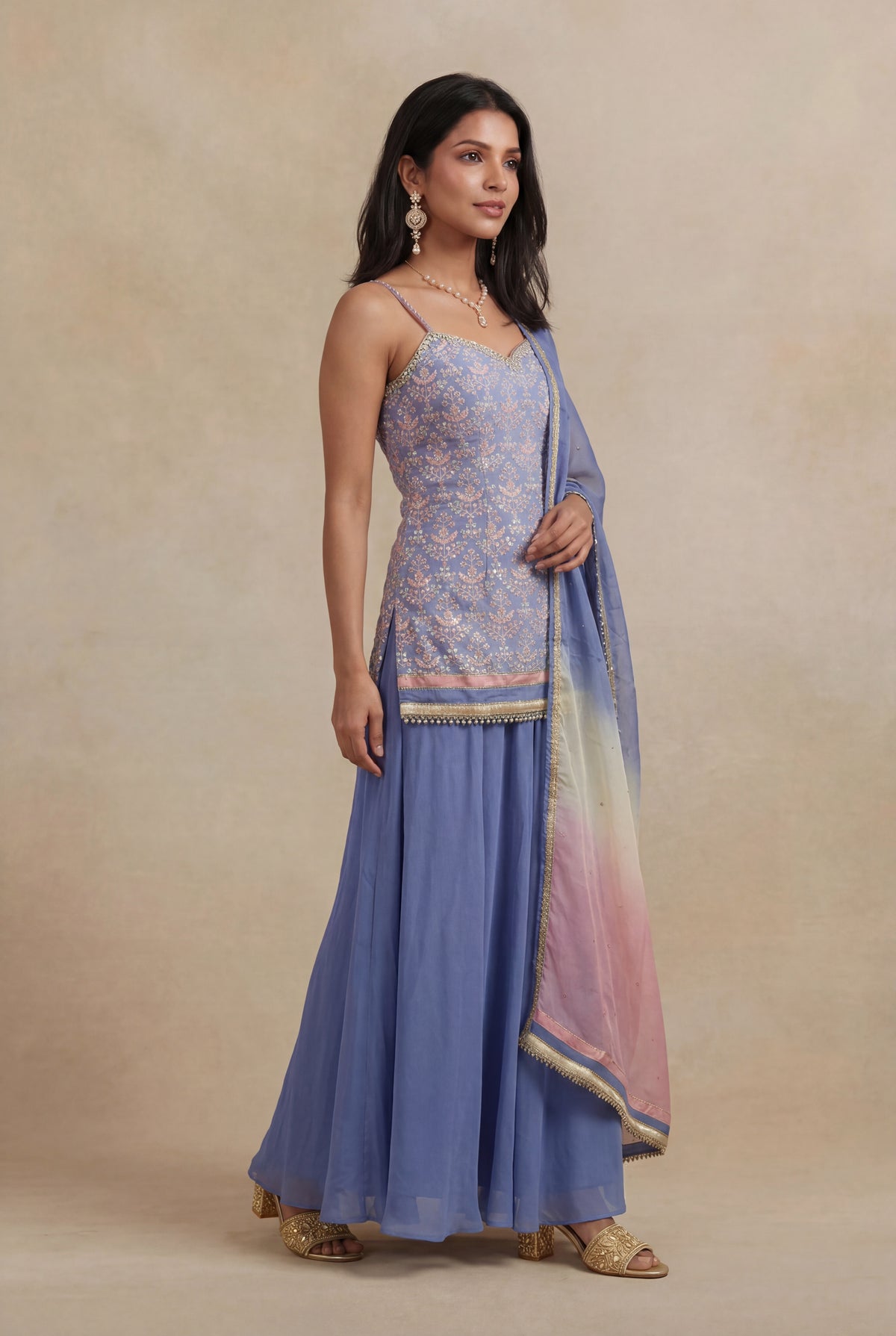 Periwinkle Blue Silk Mirror Work Indo Western Set - Mokshaa