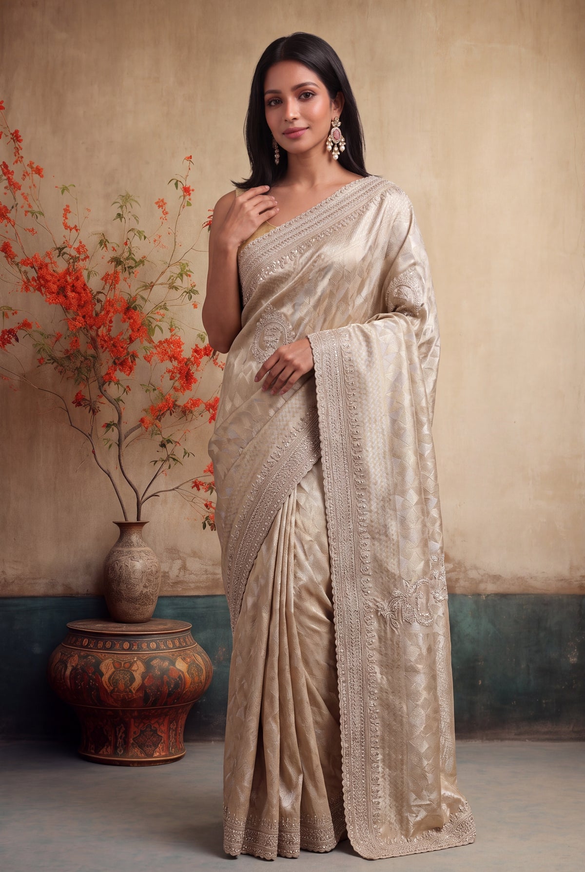 Rose Gold Zari Weave Saree with Zardosi Work - Mokshaa