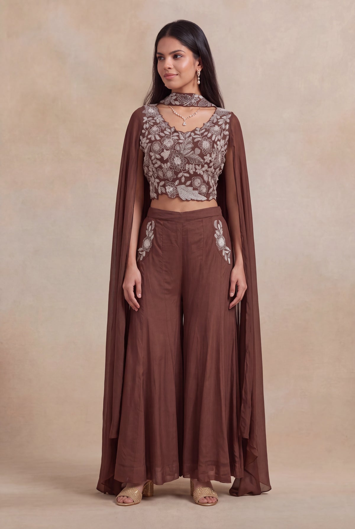 Brown Georgette Indo-Western Palazzo Set - Mokshaa