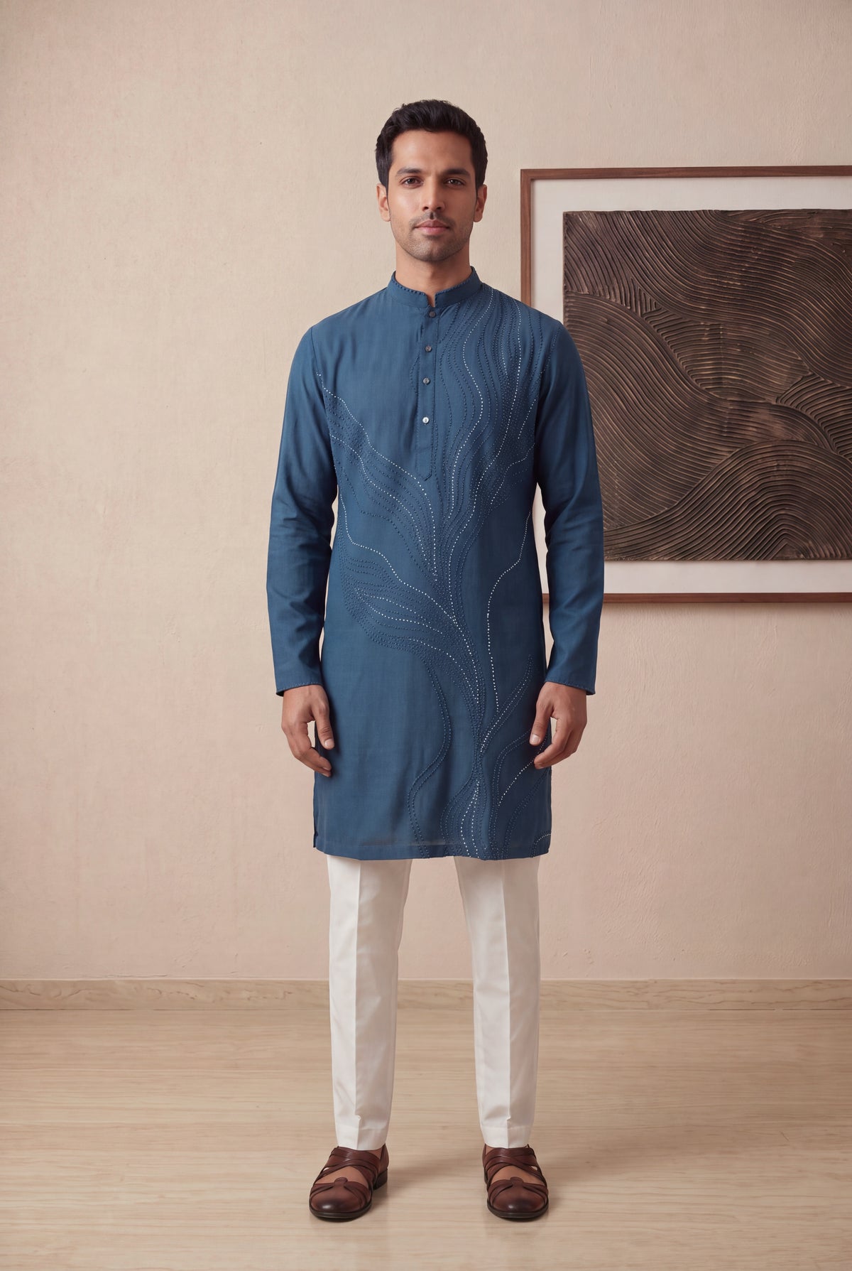 Blue Silk Cotton Kurta Pant Set - Mokshaa