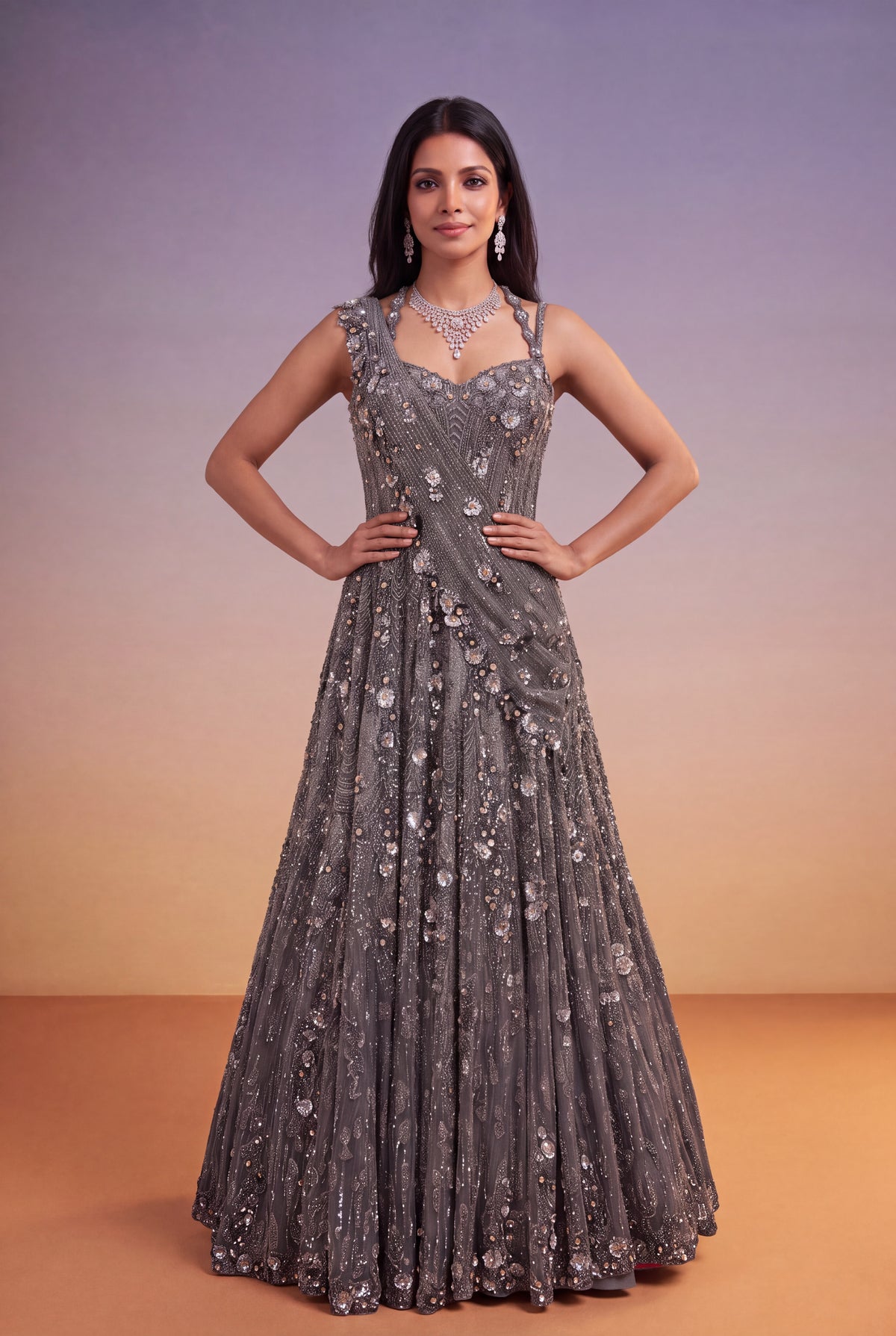 Grey Net Gown - Mokshaa