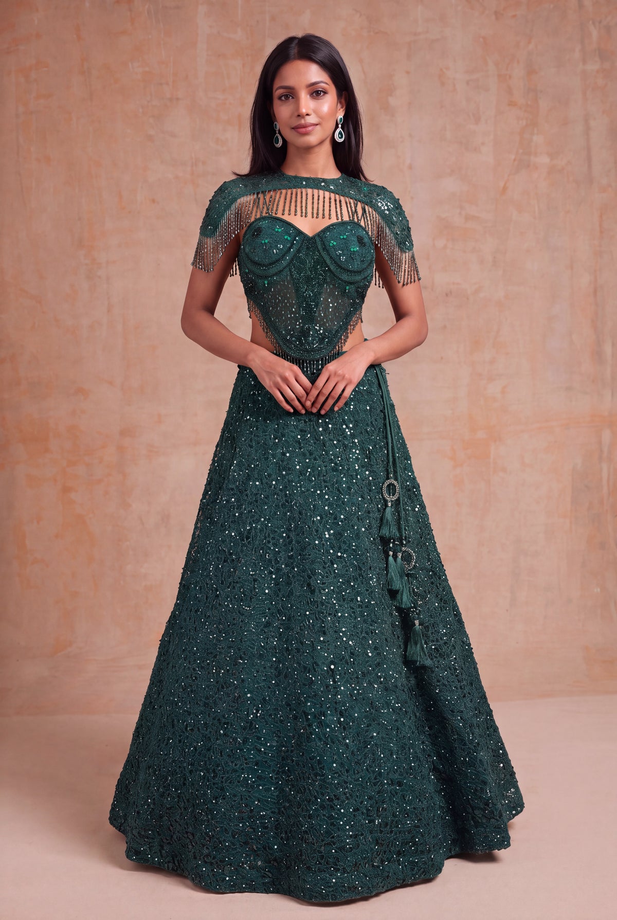 Emerald Green Indo-Western Net Lehenga - Mokshaa