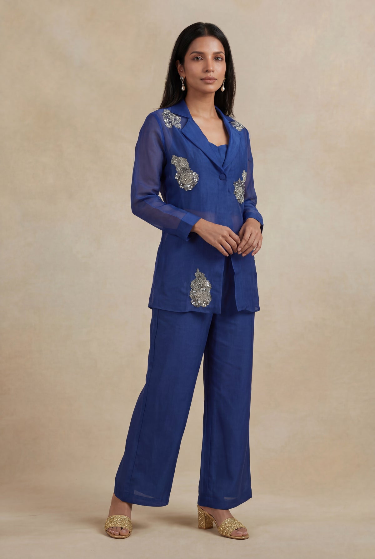 Royal Blue Organza Sequin-Embellished Co-ord Set - Mokshaa