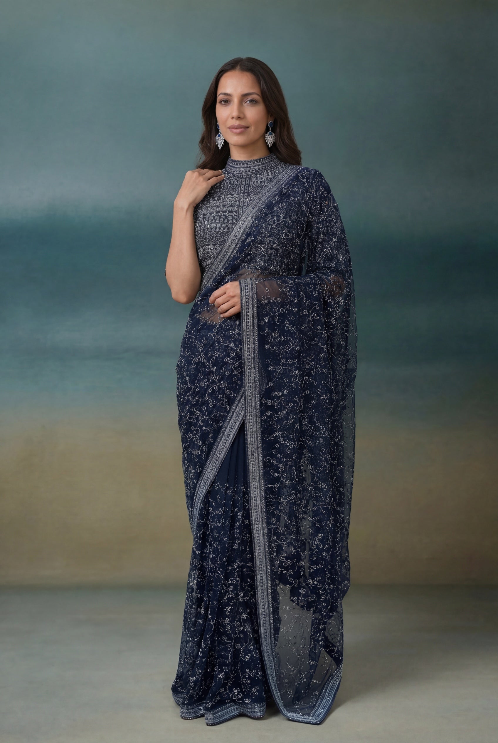 Navy Blue Net Saree